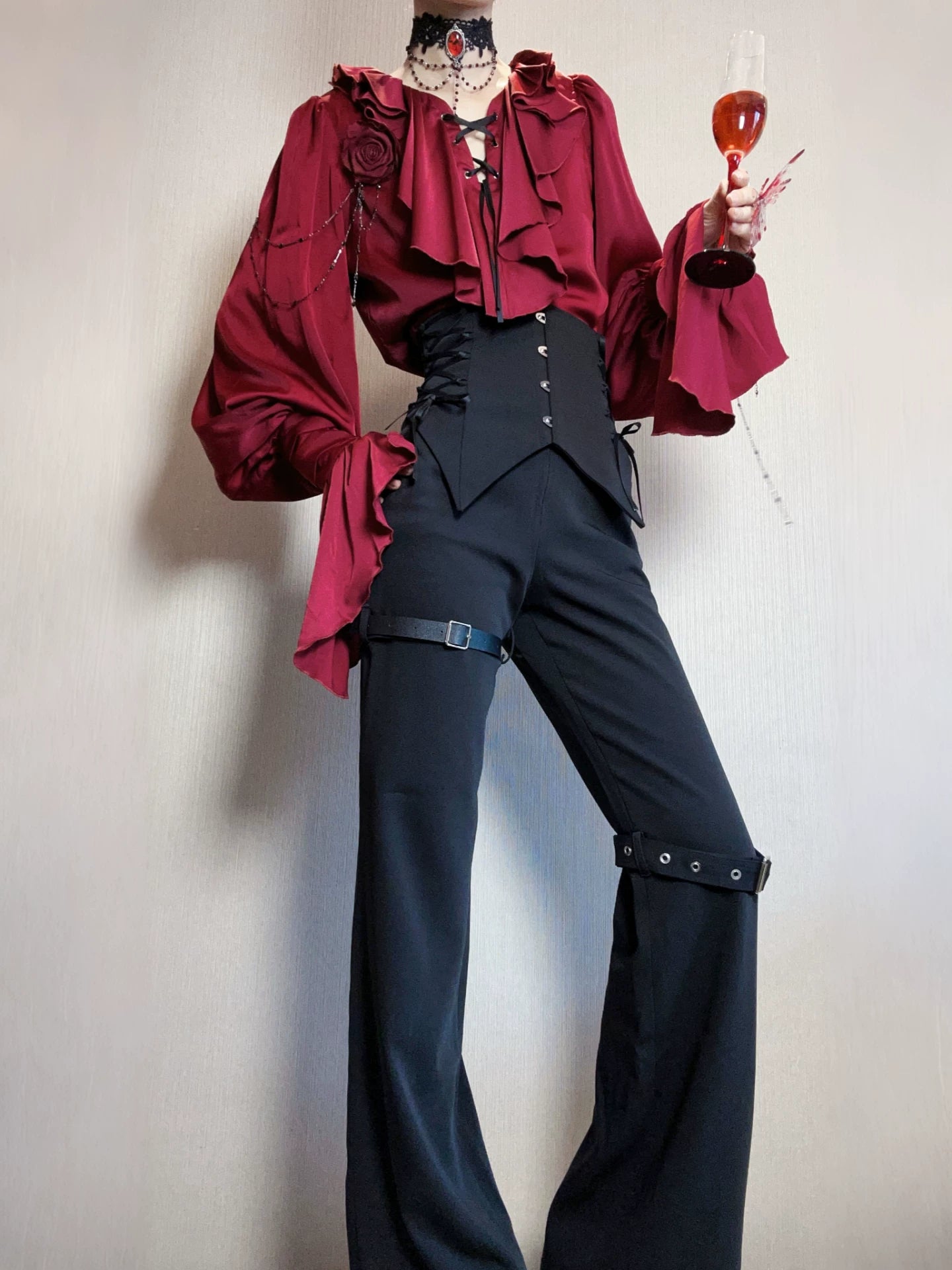 Ouji Lolita V-Line Backless Blouse & Slight Flare Pants 45671:858315