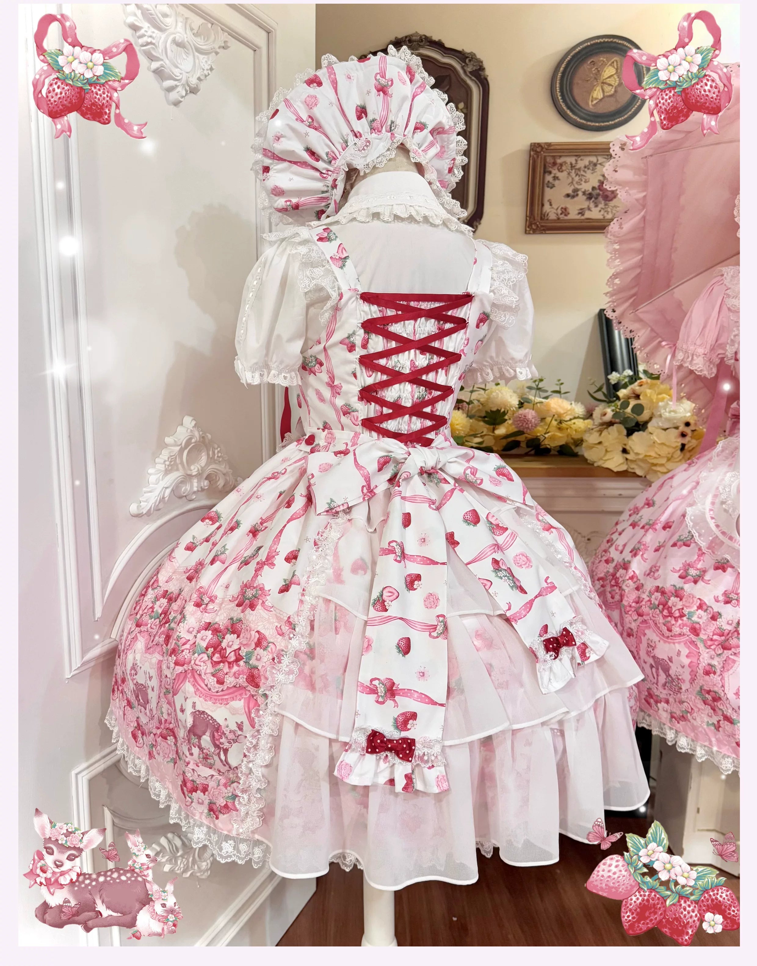 Deer Strawberry Garden - Old School Lolita Deer & Strawberry Printed JSK Dress 45681:860545