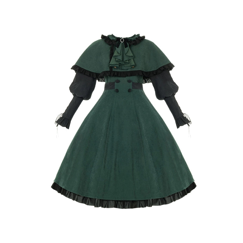 With PUJI - College of Potions - Elegantt Lolita OP Dress Black and Green Dress with Cape OP + cape + bow tie S