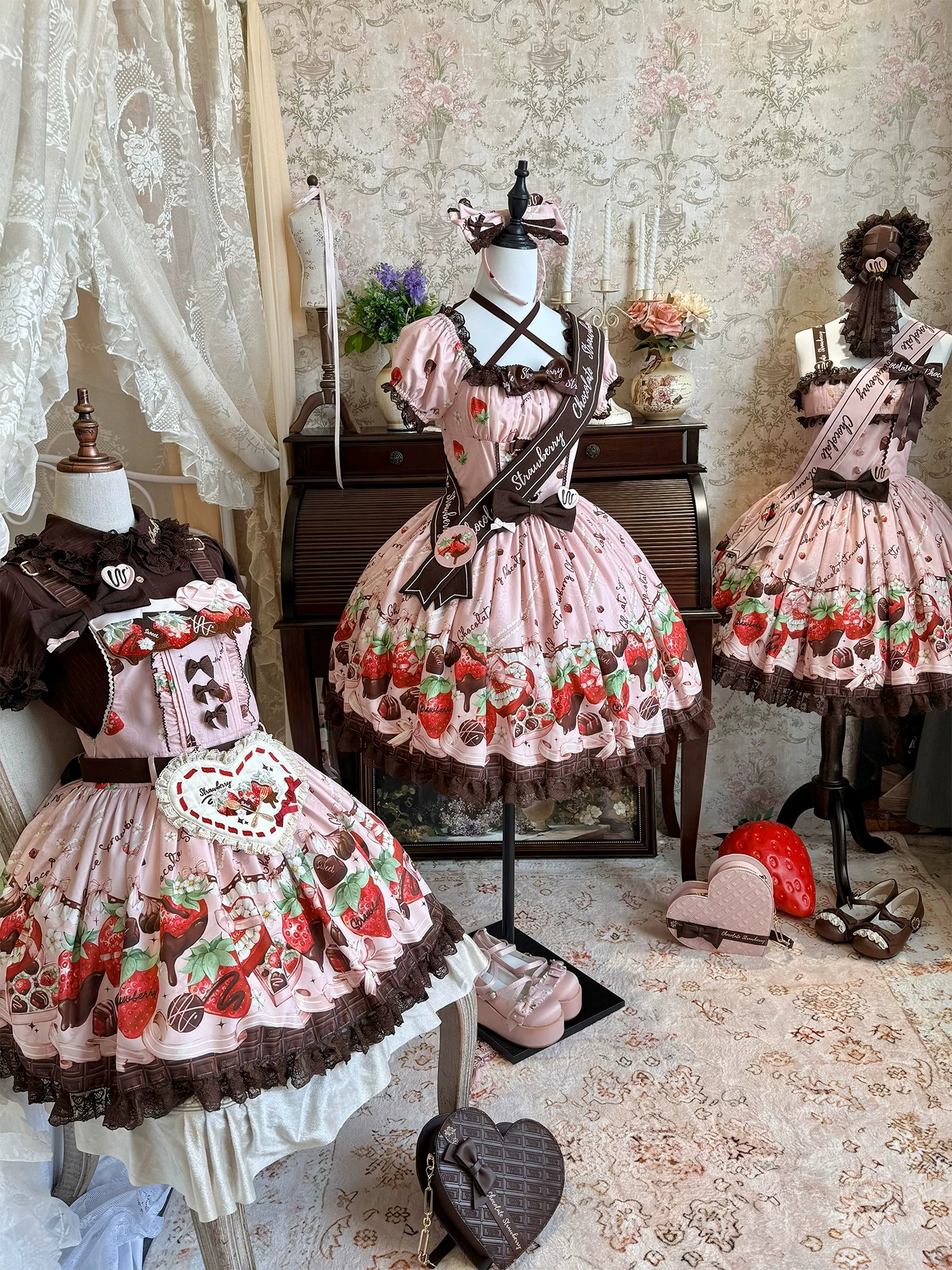 Strawberry Chocolate Lovers - Kawaii Lolita Embroidered Printed Dress 44882:840987