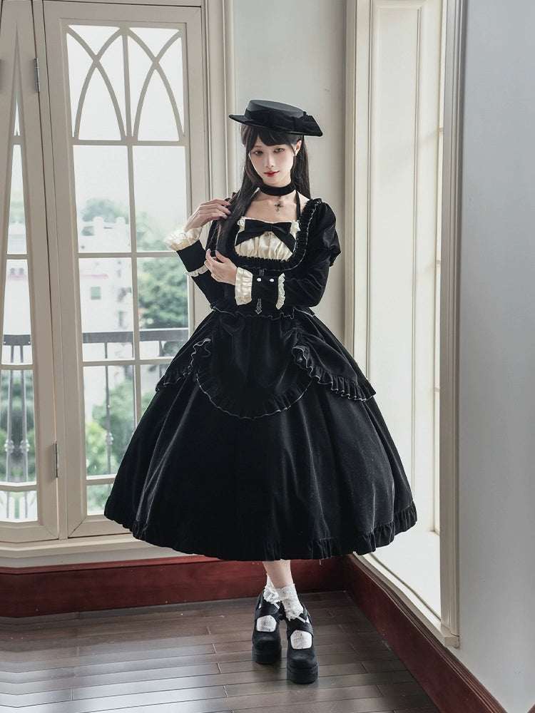 With PUJI - Apocalypse - Gothic Lolita Velvet OP Dress Set, Fishbone Waist 44128:797095