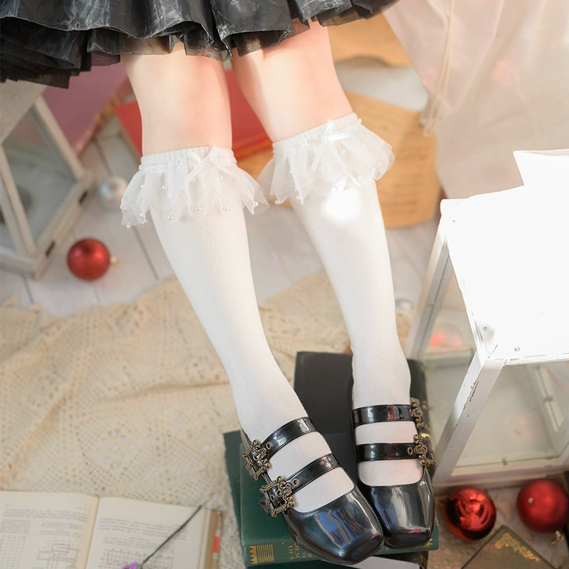 Roji Roji~Sweet Lolia Socks Mid-tube Cotton Lolita Lace Bow Socks Calf Socks-White Free size 35914:506390