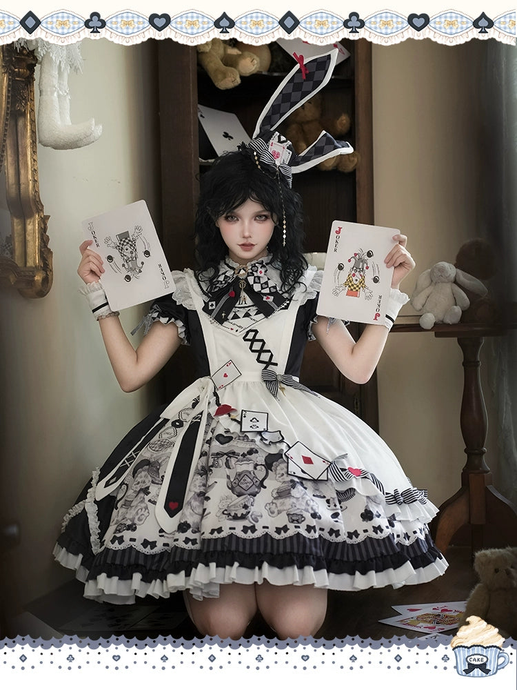 YingLuoFu - Alice - Kawaii Lolita OP Dress, Rabbit & Playing Card Motifs