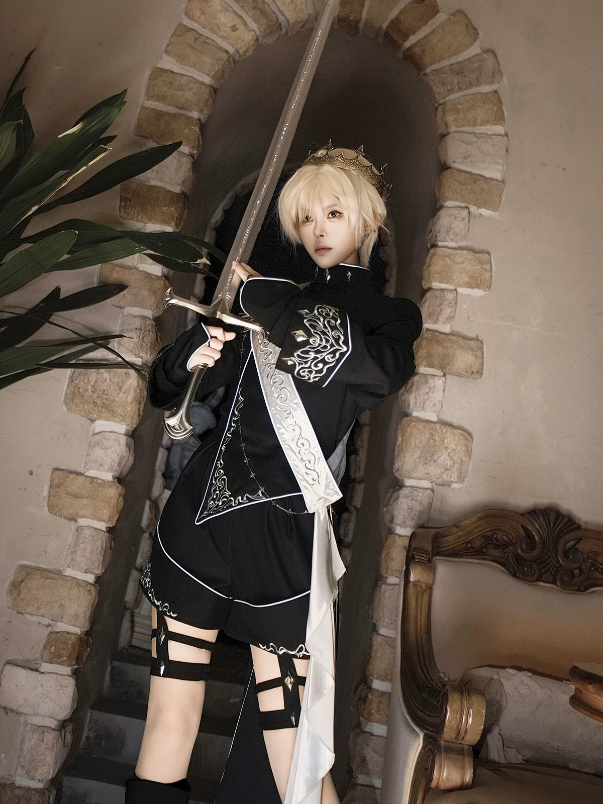 Oathbound Sword - Embroidery Ouji Lolita Set, High-Low Hem Coat 44438:808436