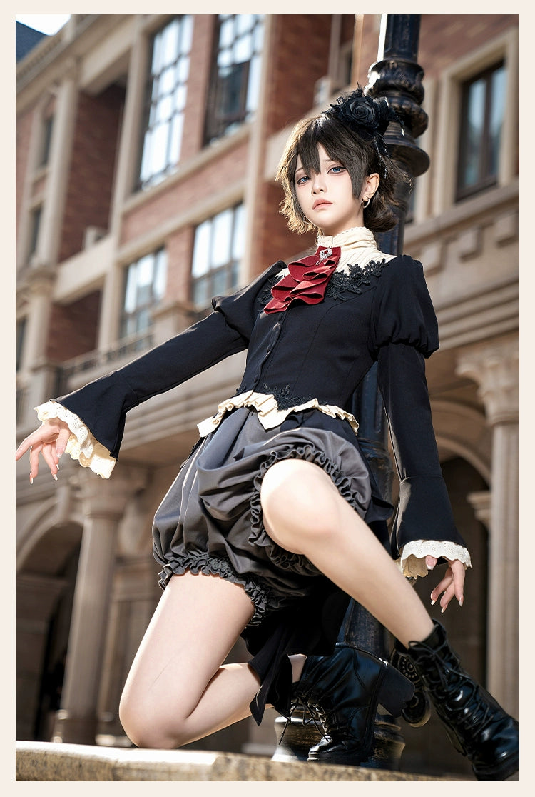 With PUJI - Night Feast - Gothic Lolita Suit Ouji Lolita Tailcoat Tiered Skirt Shorts