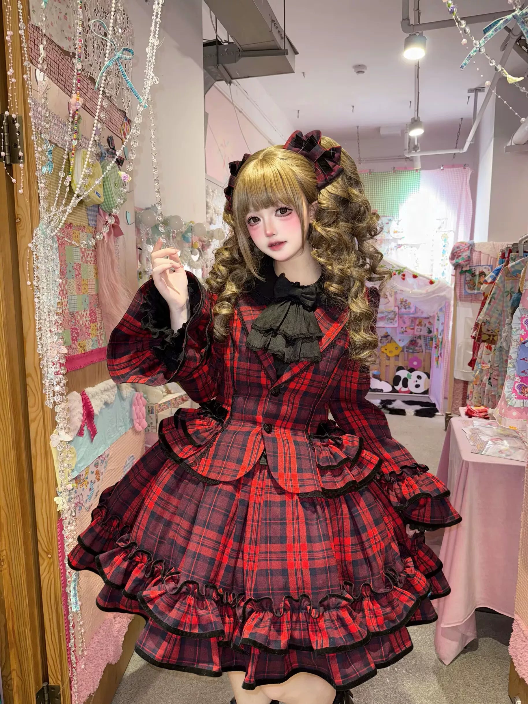 Chris's Notes - Old School Lolita Plaid Coat Set, Tiered Skirt Red Coat (requires purchase as a set) S