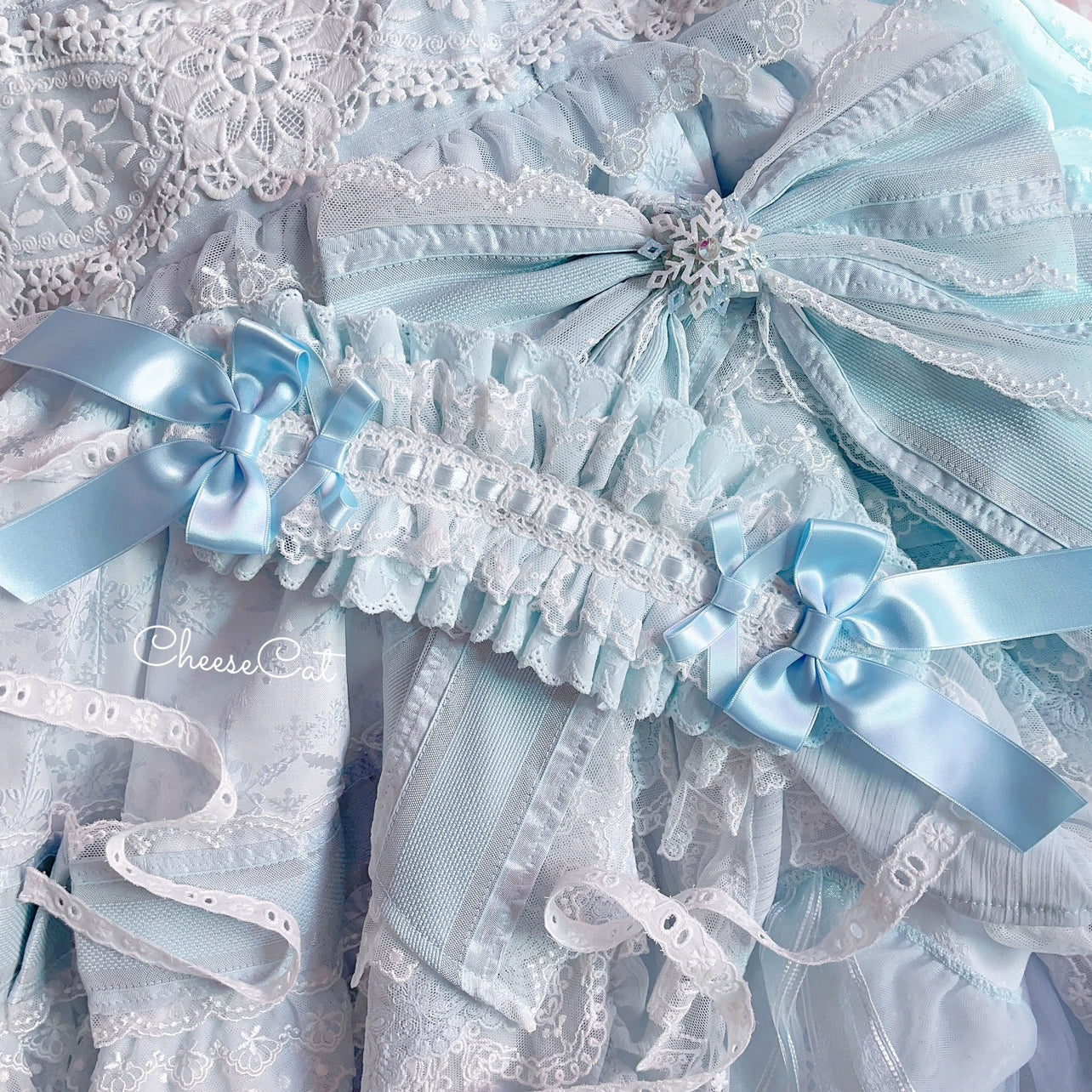 Cheese Cat - Sweet Lolita Headband Ribbon Bow Headbands Blue and White - Blue Bow