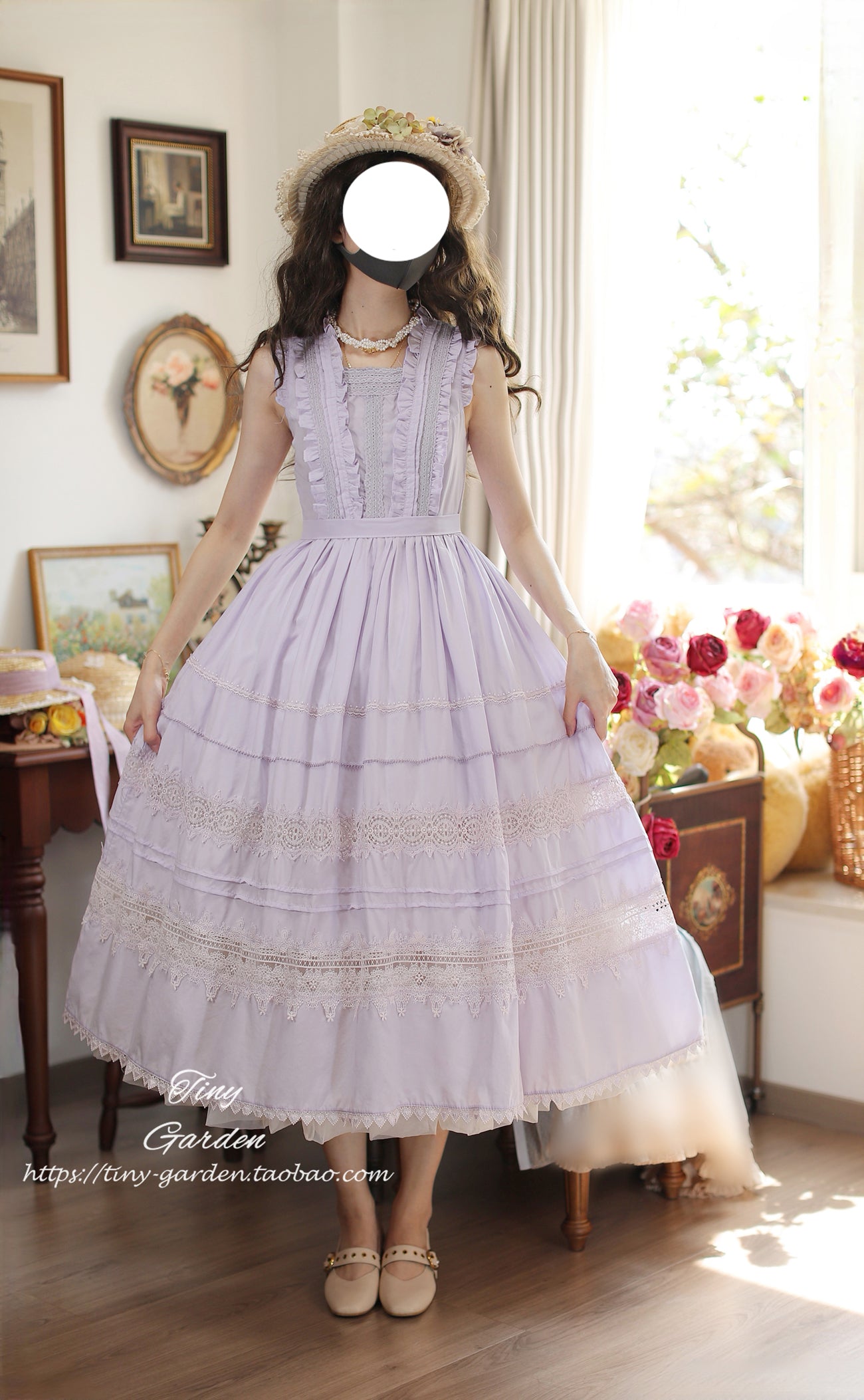 Tiny Garden - Spring Whisper - Solid Color Classic Lolita JSK Dress with Tulle Apron Light Purple - JSK with Waist Tie S