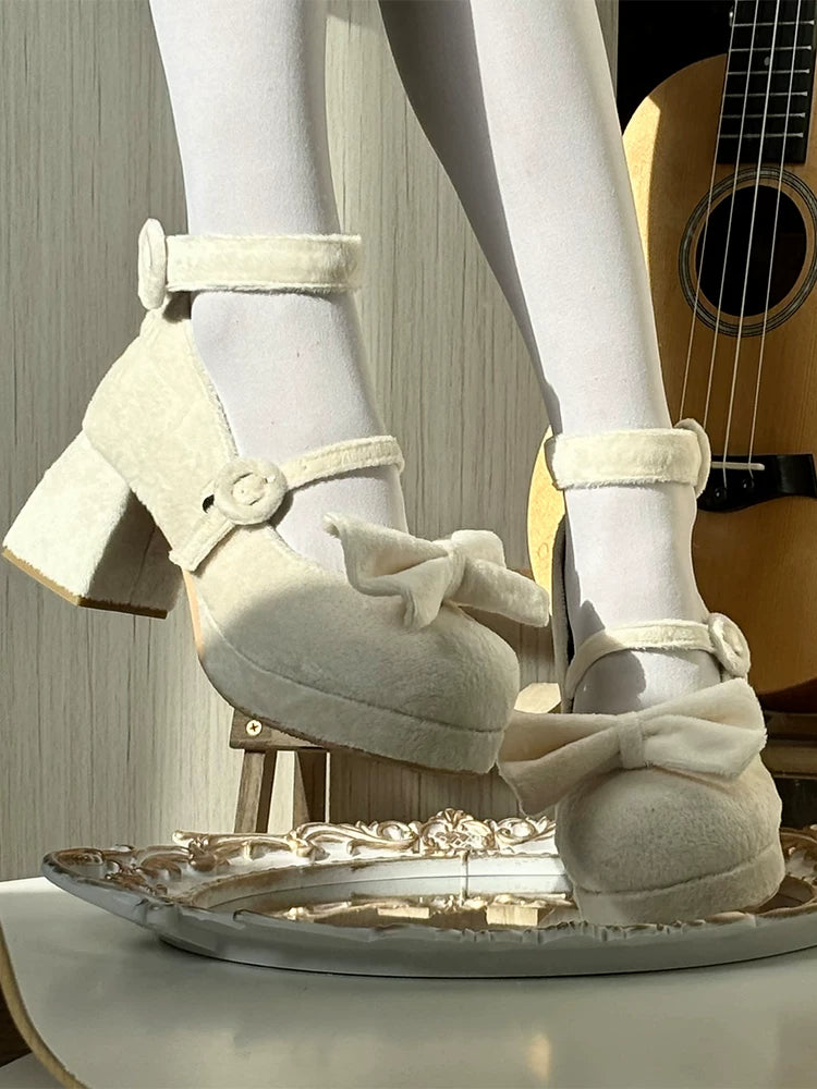 Covenant Doll - Sweet Lolita Chunky Heel Shoes, Detachable Bow White - Suede Version 34