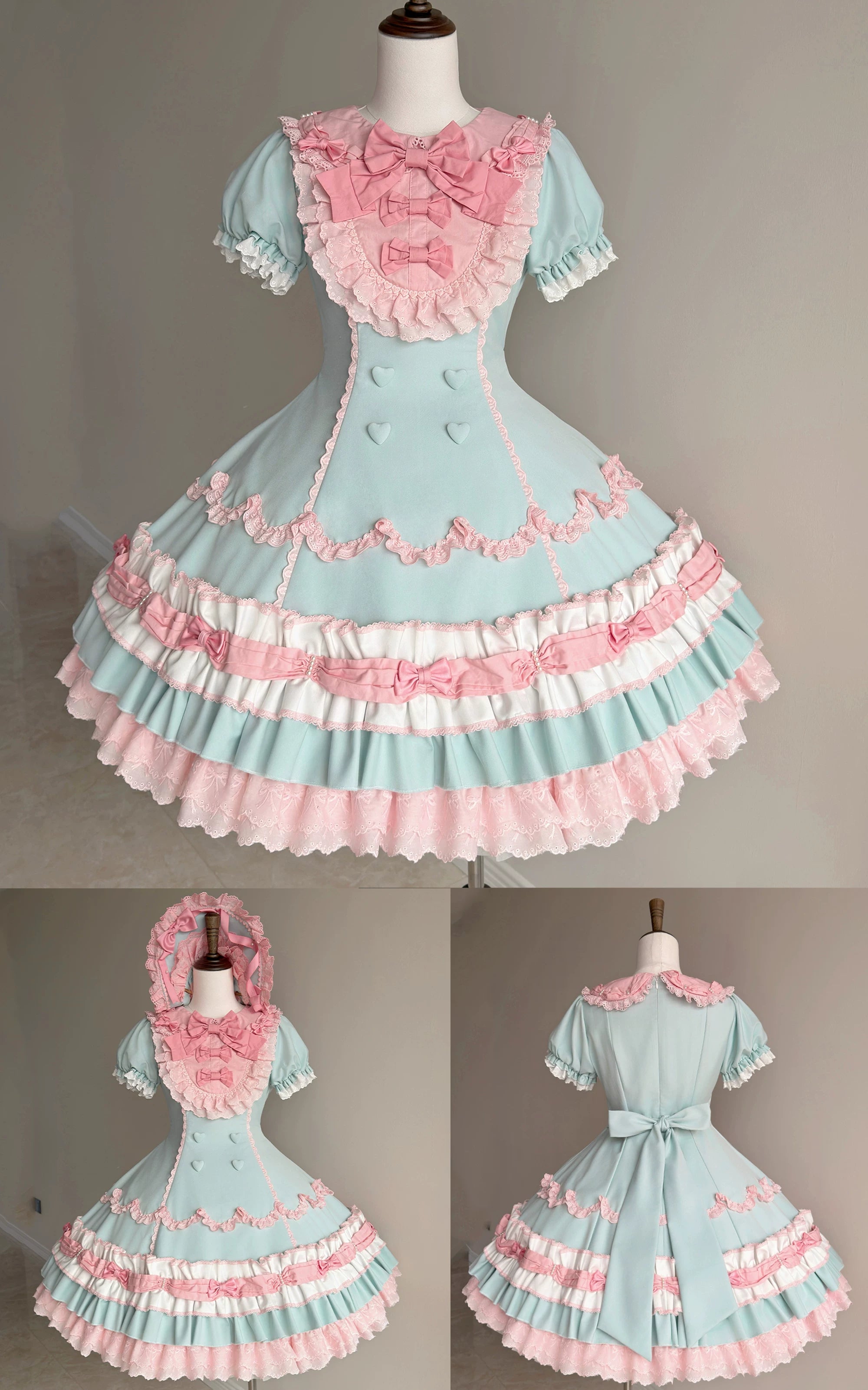Cream Fondant - Old School Lolita JSK & OP Dress, Pearl Accent Green-pink OP Only S