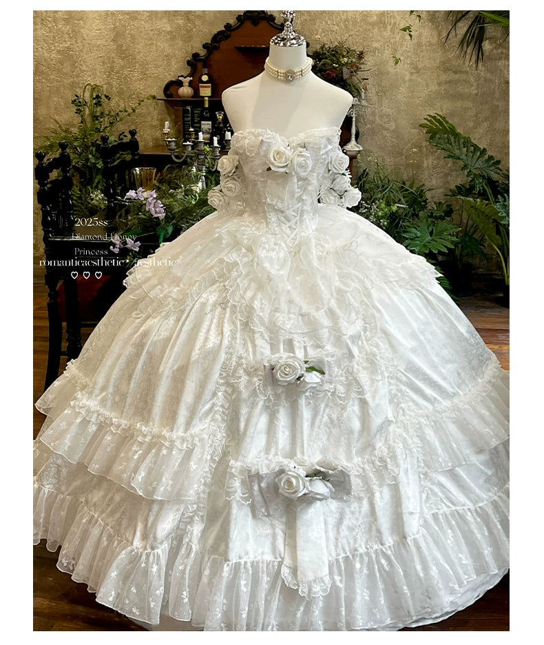 Diamond Honey~Love and Roses~Princess Bridal Wedding Lolita Dress With Rose Detail and Tiered Skirt (2XL L M S XL) 43314:773002