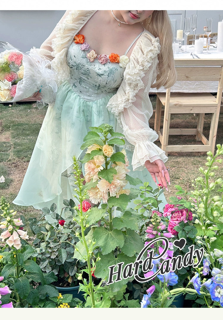 Yingtang - Plus Size Lolita JSK Dress Green Floral Lolita Dress Caidigan Set