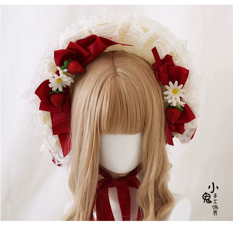 Xiaogui - Sweet Lolita Hat Strawberry Bonnet with Lace and Bow