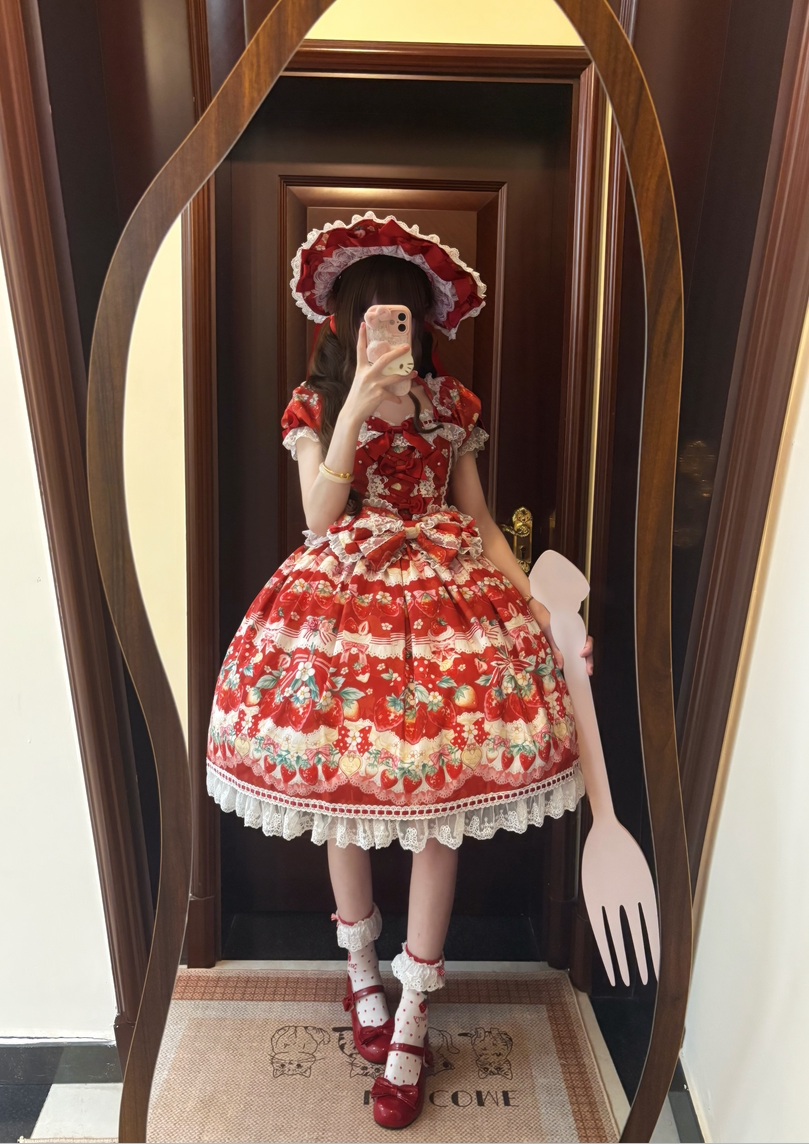 Strawberry Cream Bouquet - Printed Sweet Lolita OP Dress, Halter Neckline