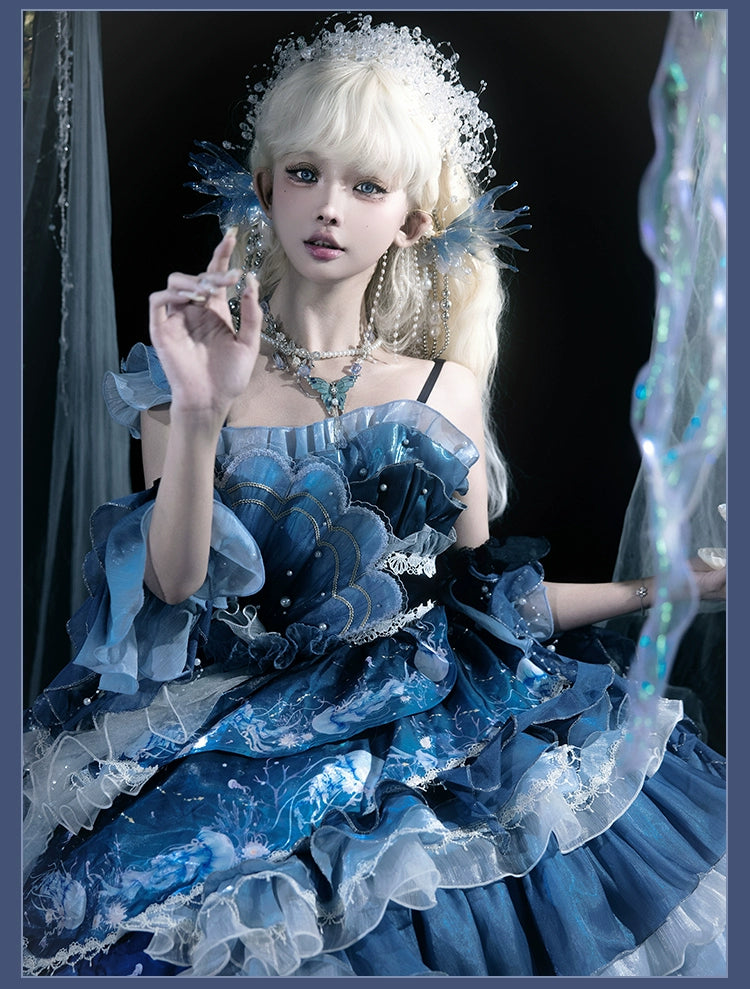 YingLuoFu - Blue Breath Jellyfish - Classic Lolita Jumper Dress, Side Zipper