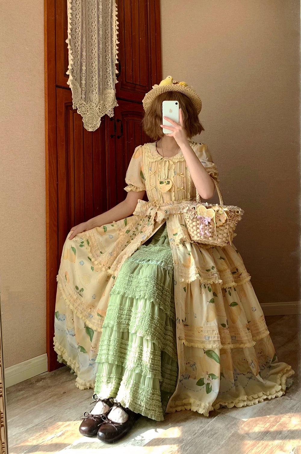 Miss Point - Lemon Chick - Country Lolita Printed OP With Button Front