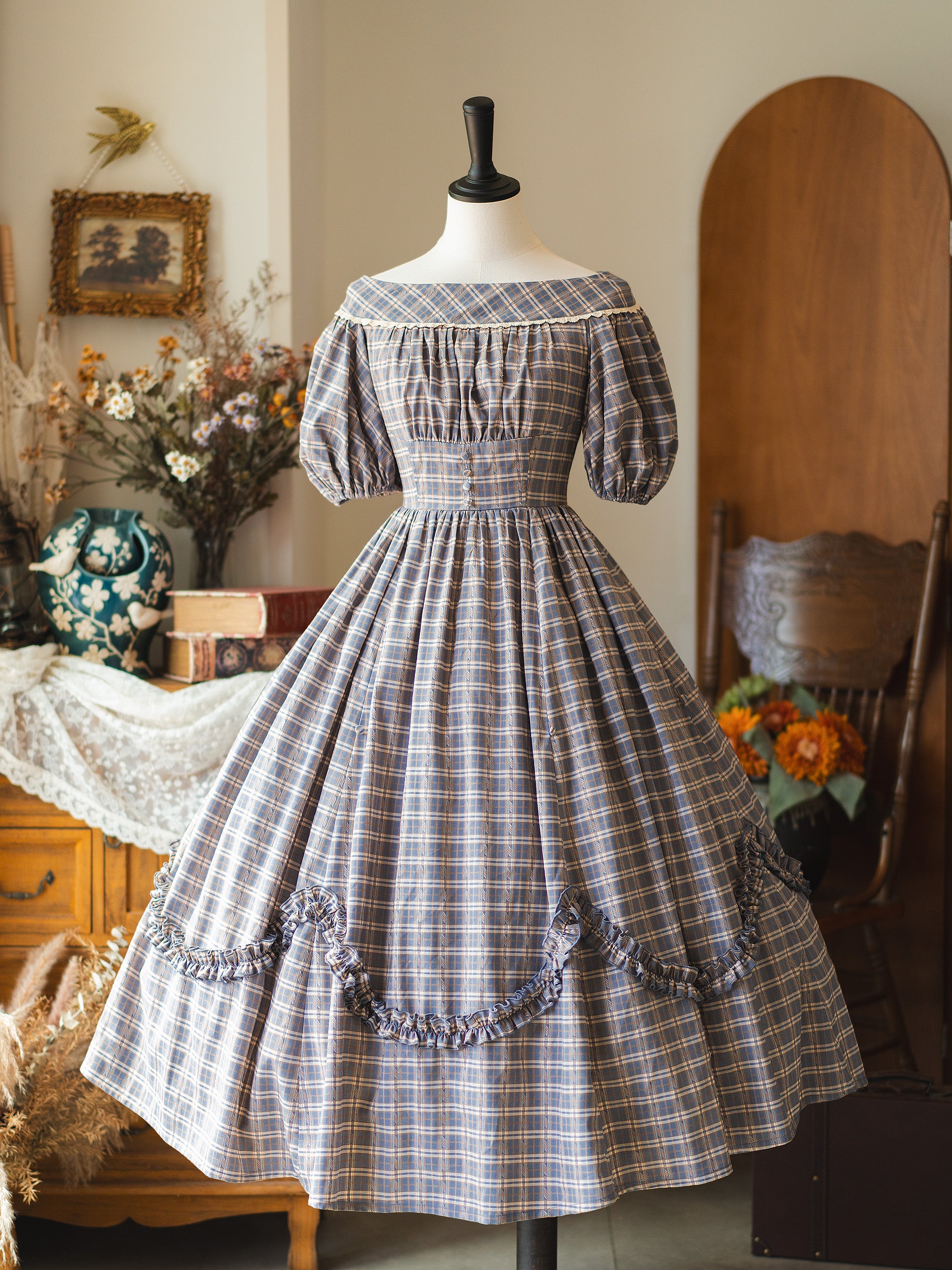 Forest Wardrobe - Forest Picnic - Classic Lolita OP Dress with Off-Shoulder and Lifting Hem Gray-blue OP Only S In-stock