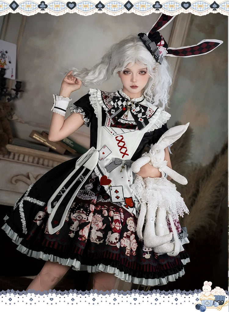 YingLuoFu - Alice - Kawaii Lolita OP Dress, Rabbit & Playing Card Motifs