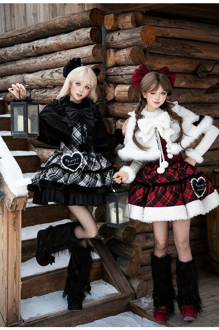 With PUJI - Snow Night Serenade - Fluffy Plaid Kawaii Lolita JSK, Reversible Cape 44279:802322