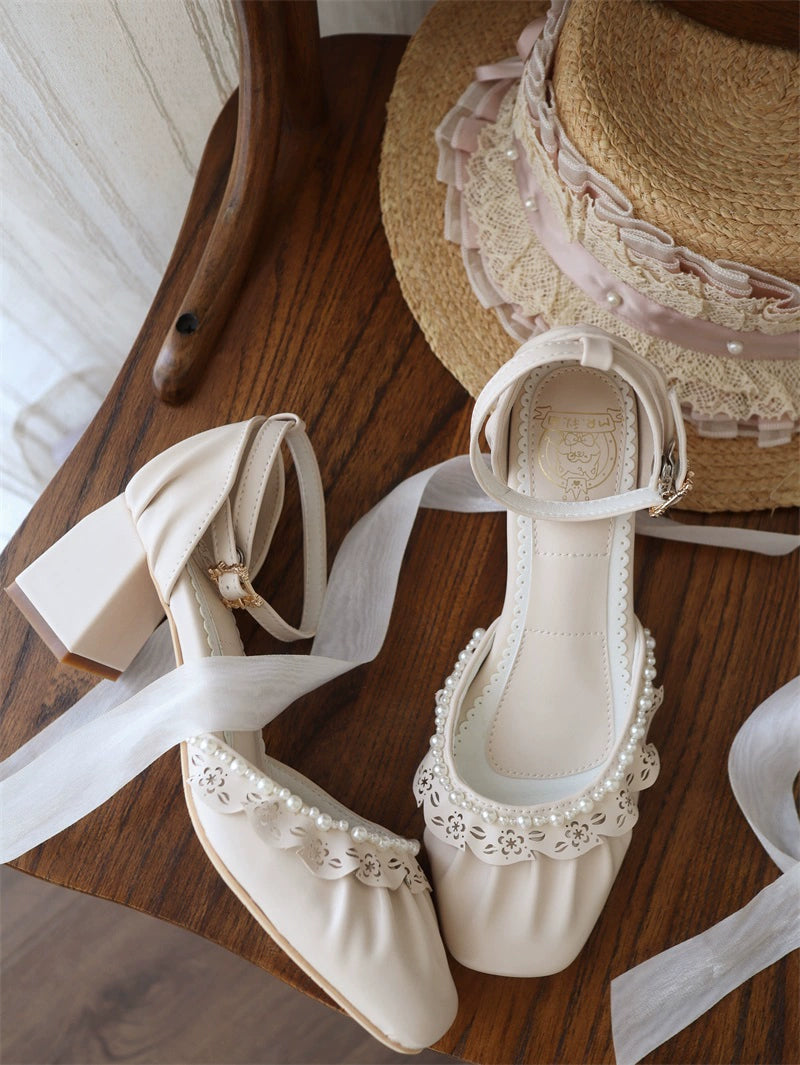 MR.Qiutian~Dance of Camellia~Elegant Lolita Chunky Shoes 5CM Heel Pearl Decoration 39200:615532