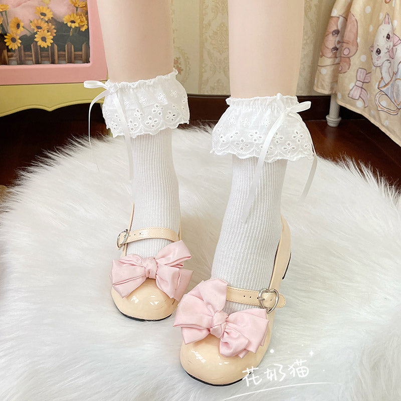 Hua Nai Cat - Sweet Cotton Lolita Socks Mid-Calf Socks with Lace and Bow White One Size