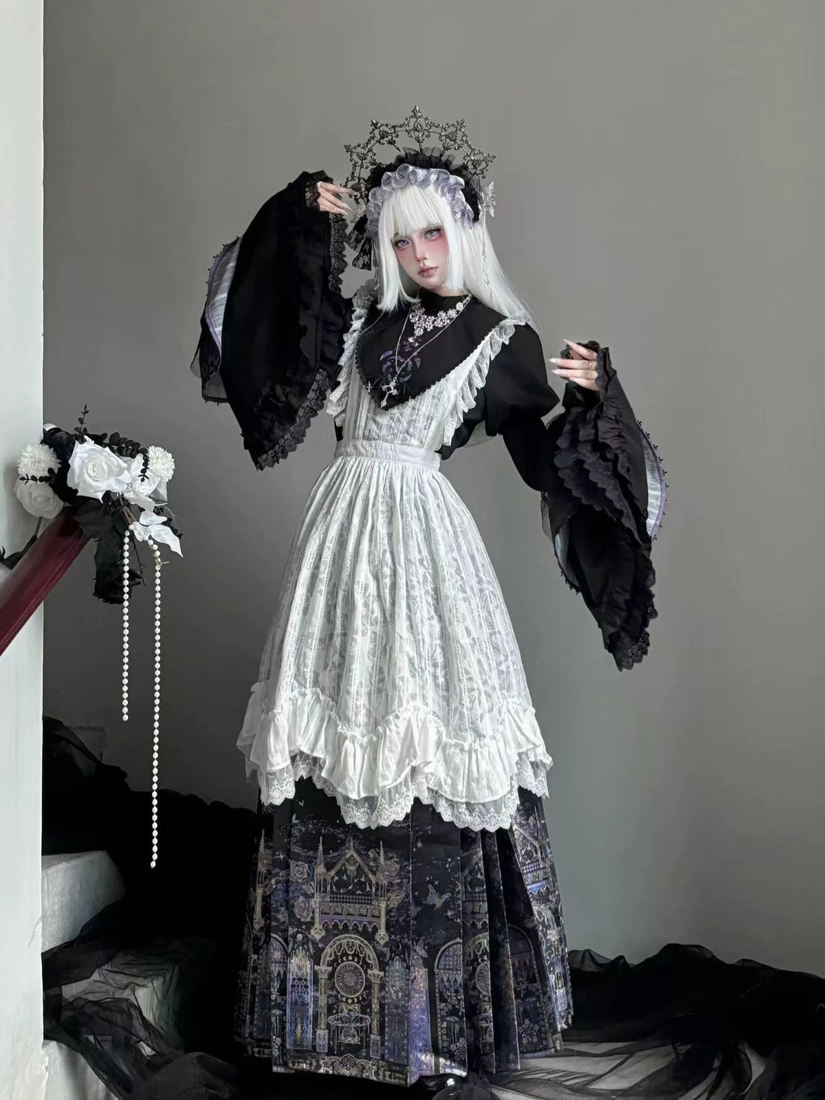Stellar Orbit Cathedral - Gothic Lolita Hime Sleeve Blouse & Corset & Mamian Skirt Set 45901:867201