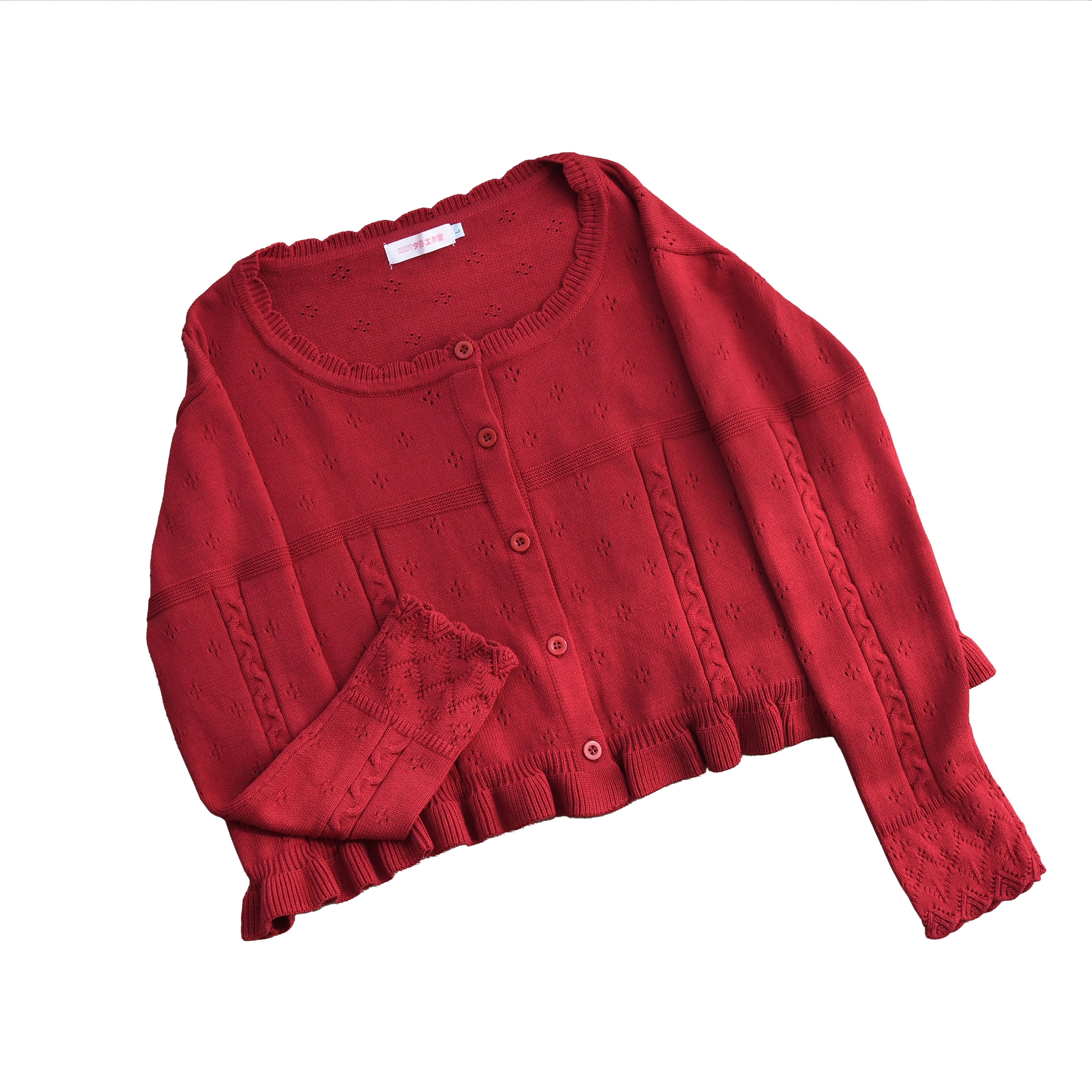 MIST - Kawaii Lolita Sweater Cardigan, Ruffled Lace Hem (Red / L S) 43896:789156
