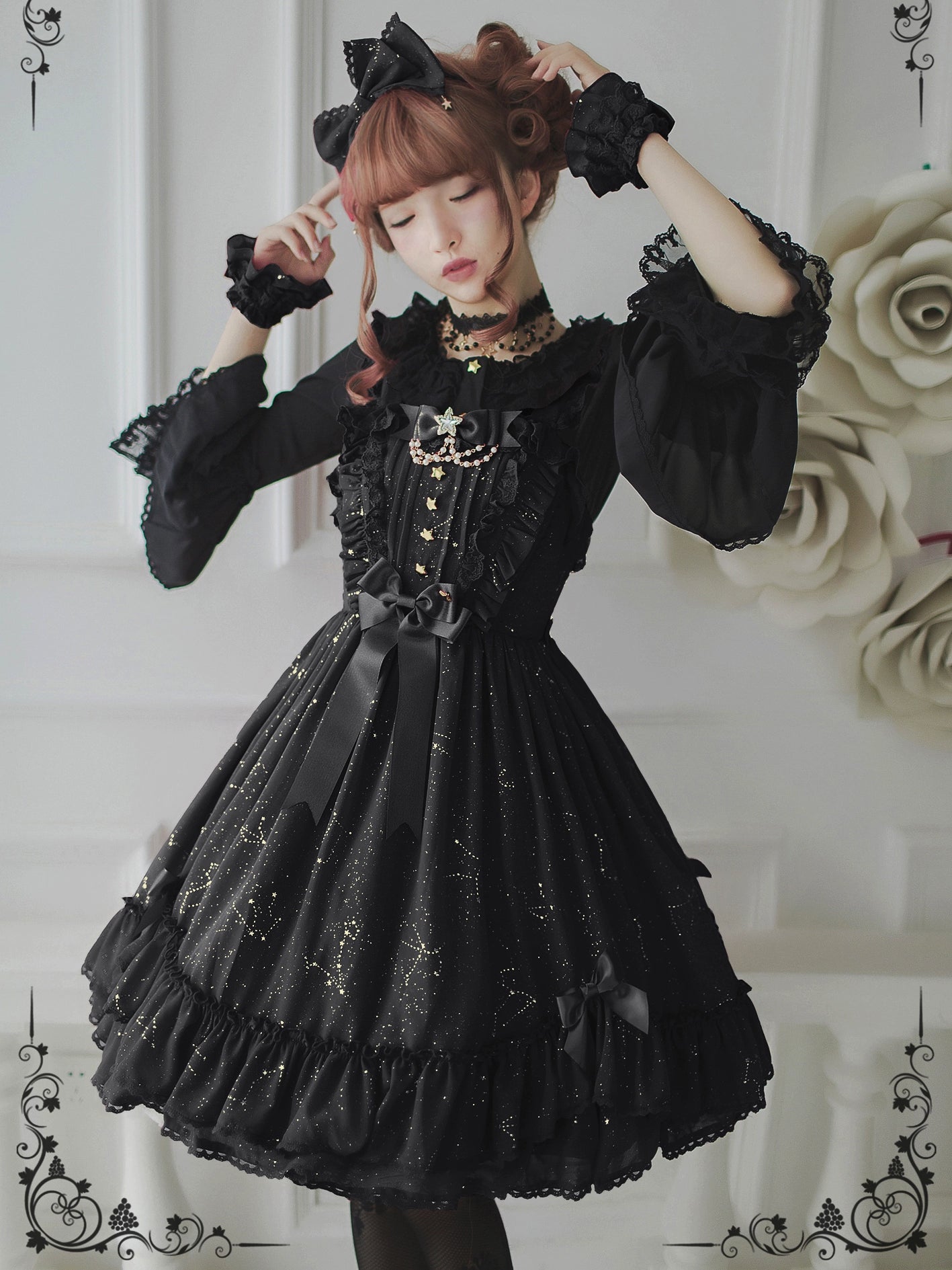 Whisper of Stars - Elegant Lolita Black JSK Dress, Constellation Foil Printing 34582:494008