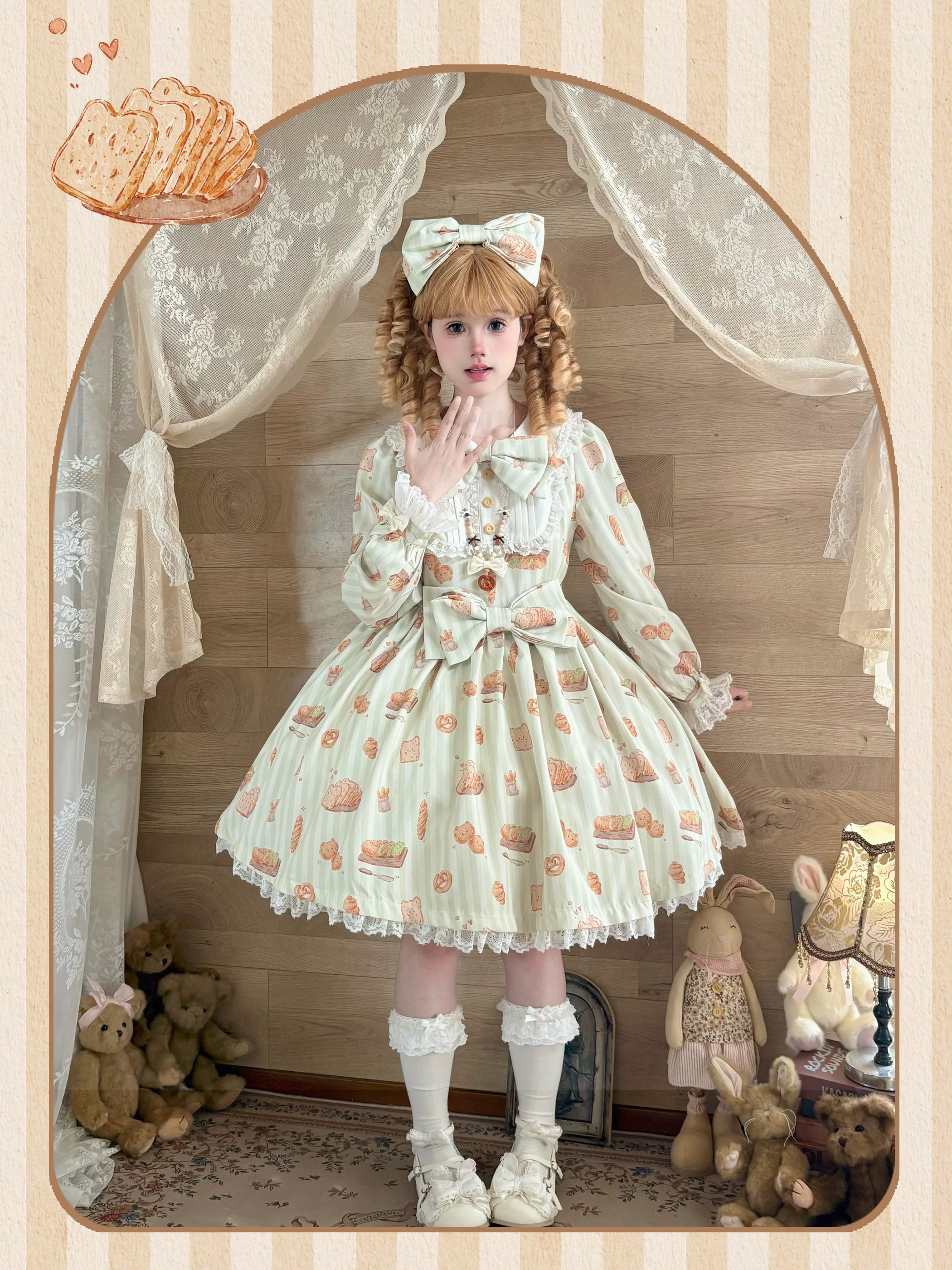 Kitten Bread - Sweet Lolita OP Dress, Cat & Bread Print