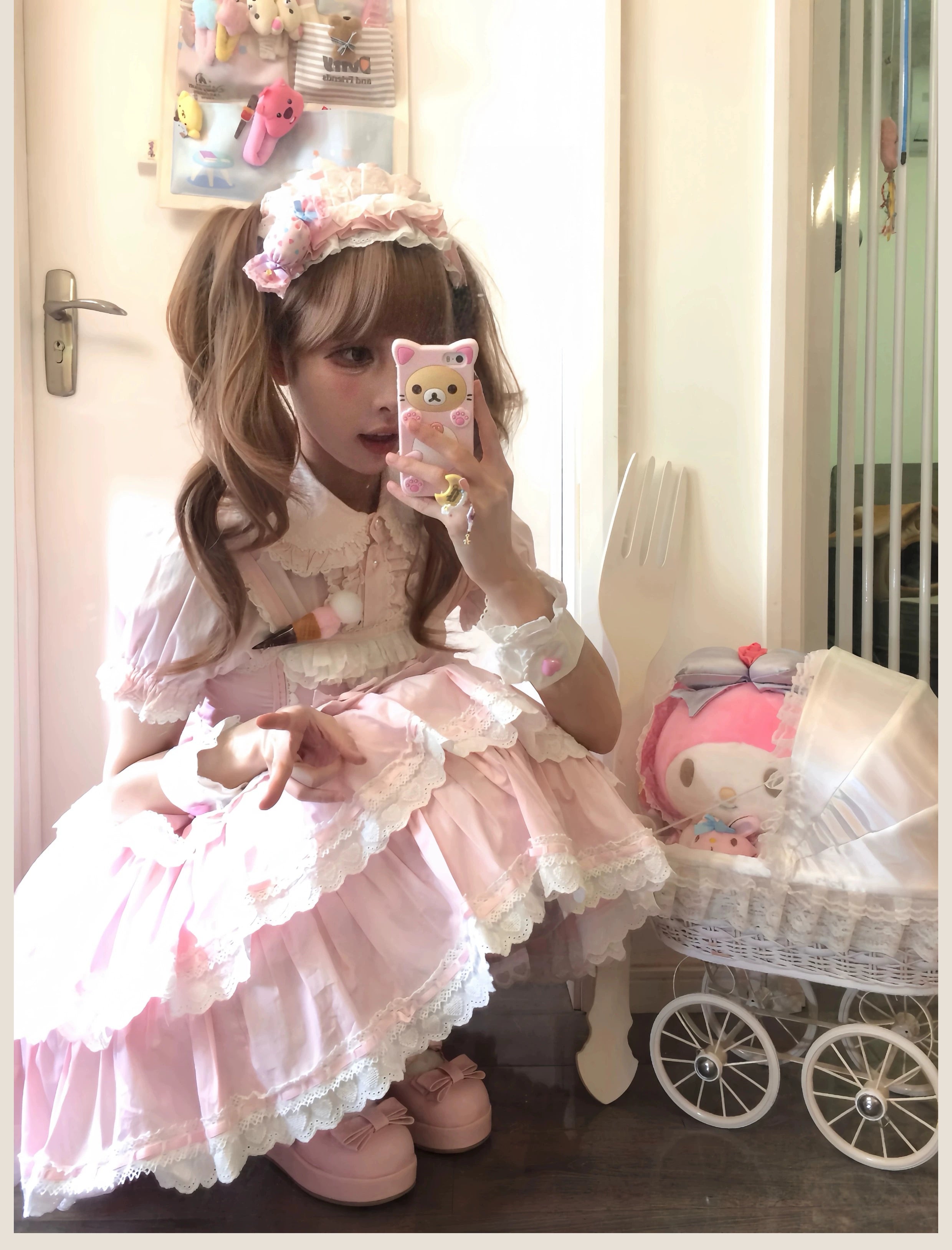 Otome Heart - Cotton Old School Lolita JSK Dress Suit, Heart-Shaped Lace Trim 43381:774556