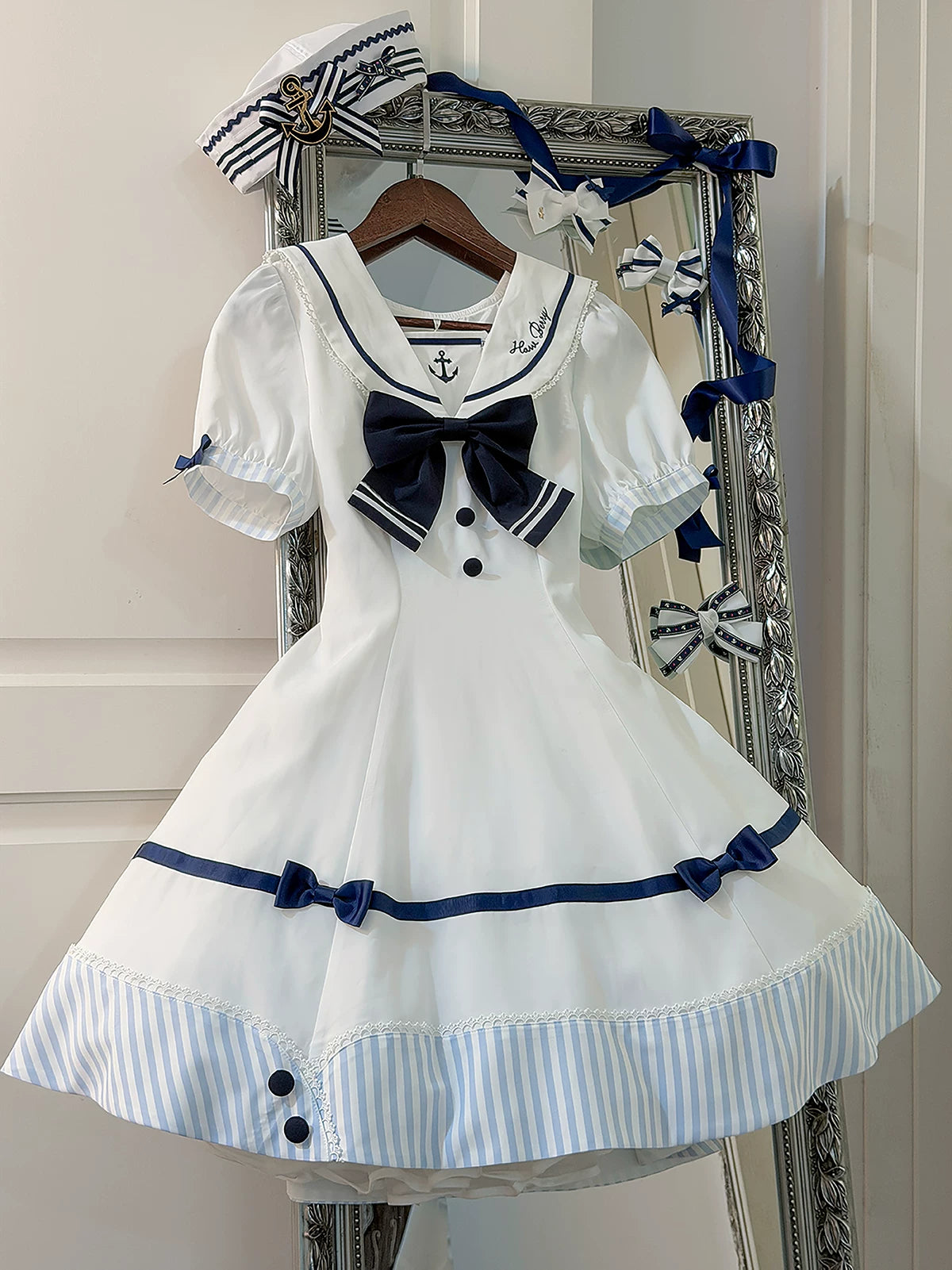 Little Sea Breeze - Summer Sailor Lolita OP Dress with Detachable Bow (White / L M S XL) 45712:859175