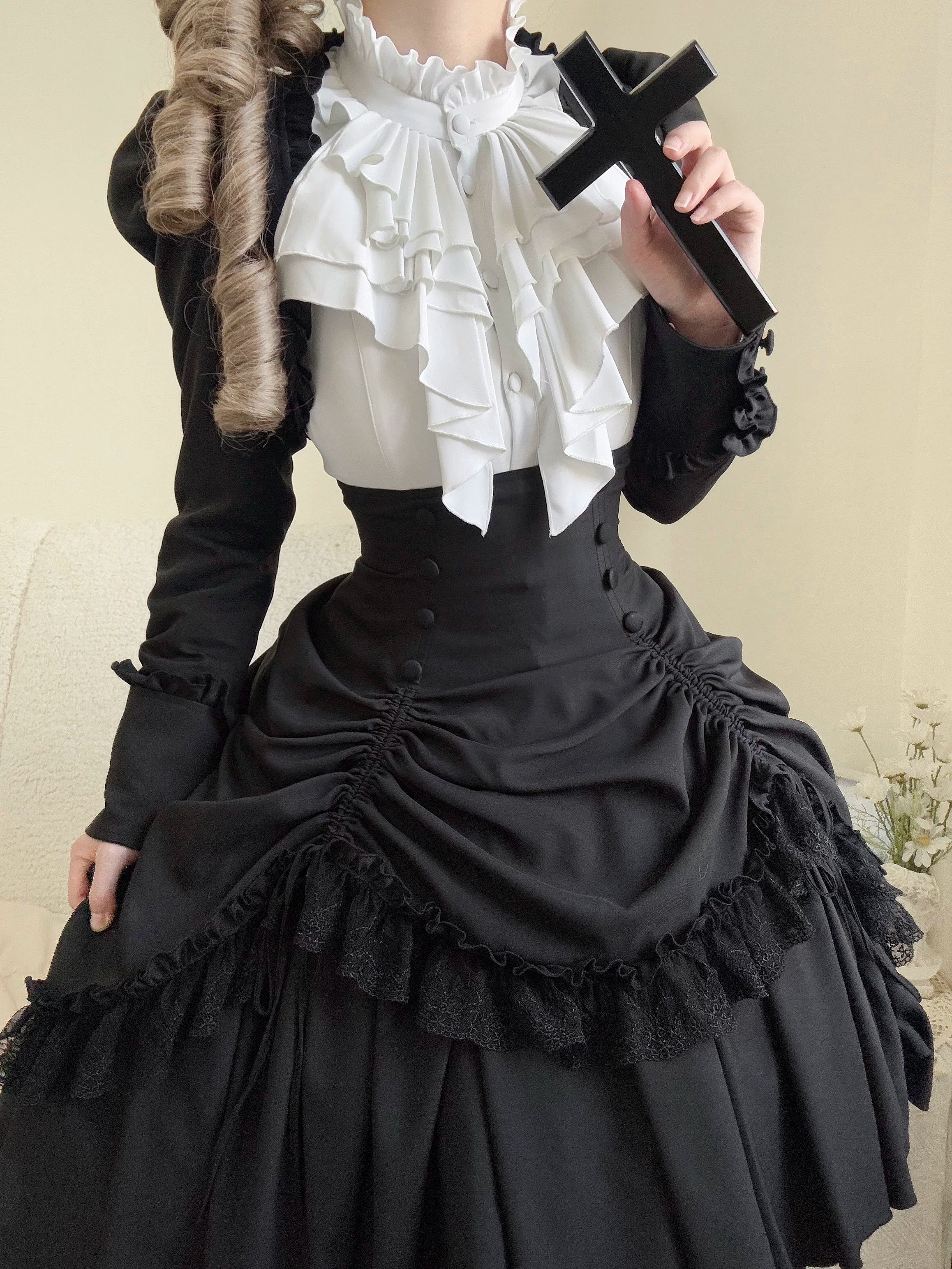 Petite Fangs - Gothic Lolita Fishbone Waist SK Dress, Drawstring Lift-up Hem SK Only S