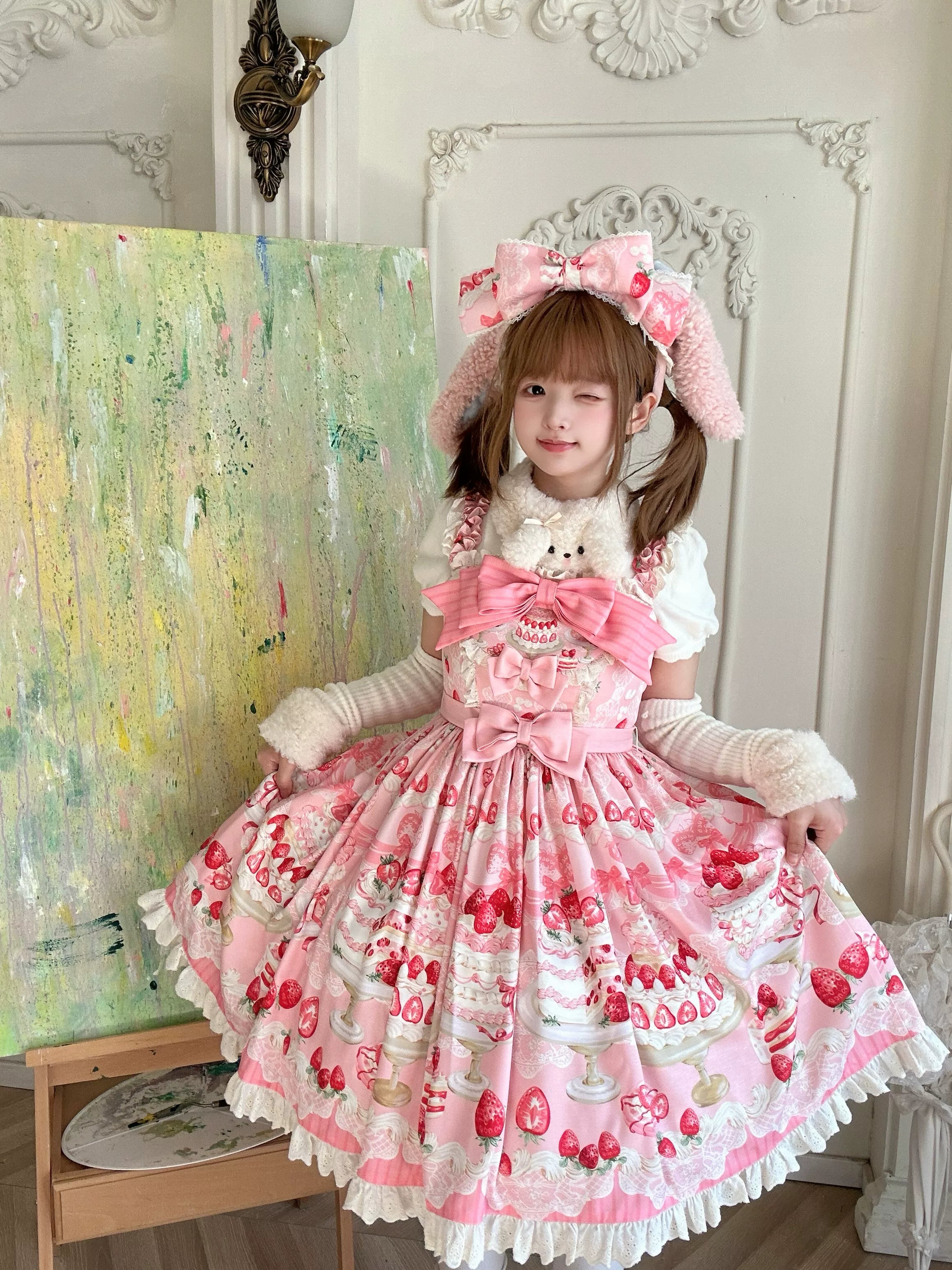 Strawberry Cake - Printed Sweet Lolita JSK Dress, Plush Bunny Ear KC Pink JSK Only S