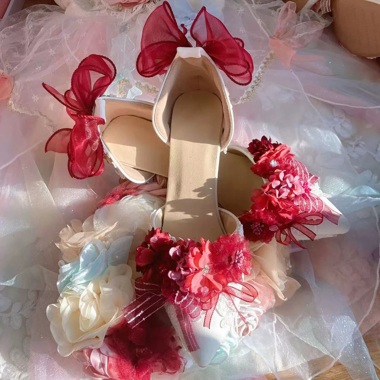 Sky Rabbit - Hanami Season - Wedding Lolita Heel Shoes with Floral Decoration Red 34
