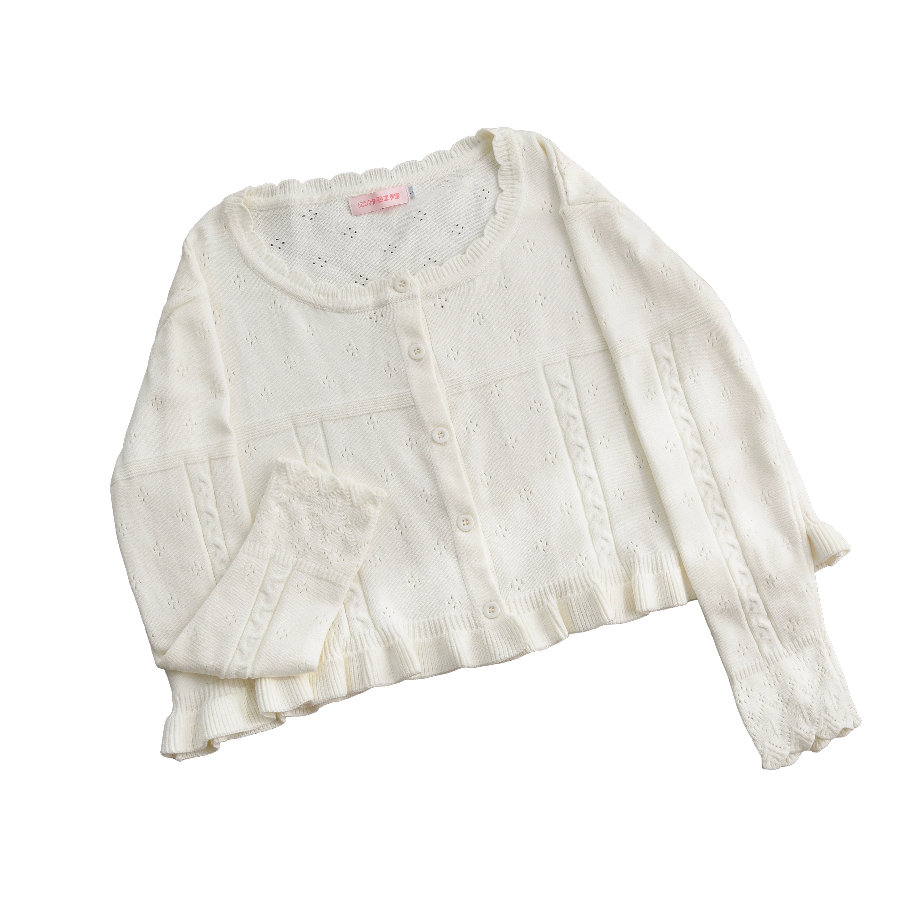 MIST - Kawaii Lolita Sweater Cardigan, Ruffled Lace Hem (Ivory / L S) 43896:789151