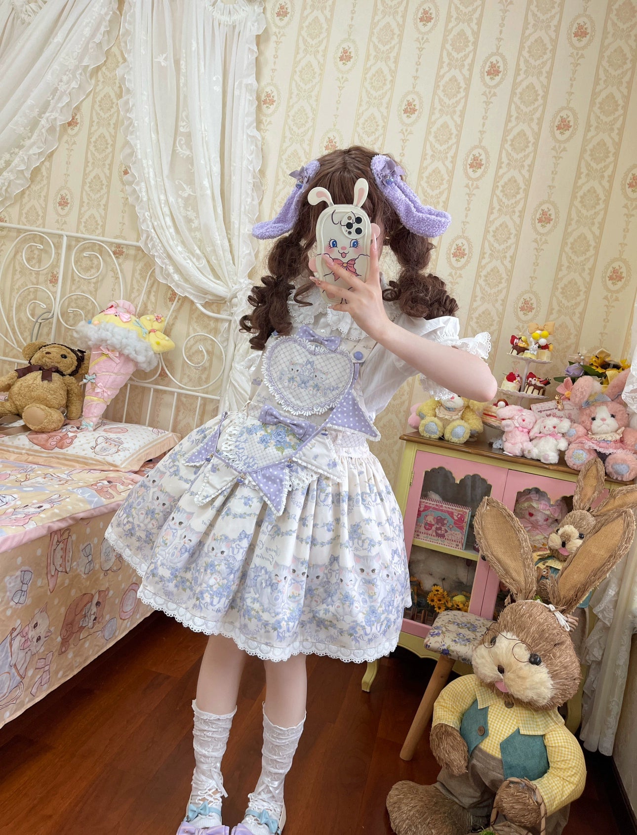Akiyama Future Studio - Rose Cat - Sweet Lolita Salopette Floral Print Dress One Size Flag sash