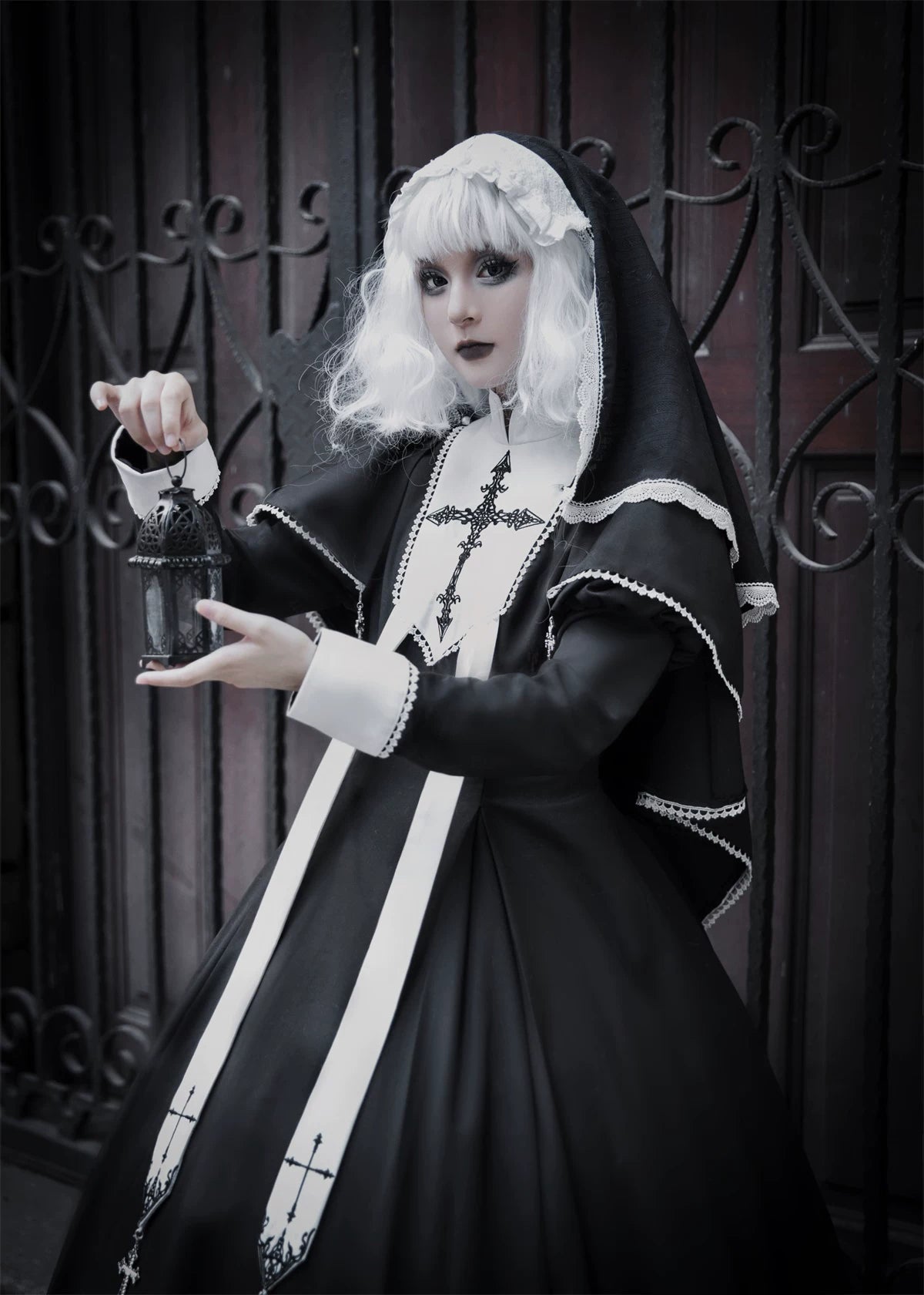 Halloween Gothic Lolita OP Dress & Cape, Cross Embroidery 45848:864789