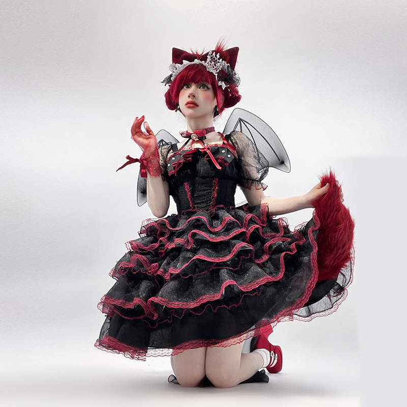 Daydream Whisper - Shisan District - Wedding Lolita OP Suit with Angel Demon Wings Red-black short OP only S