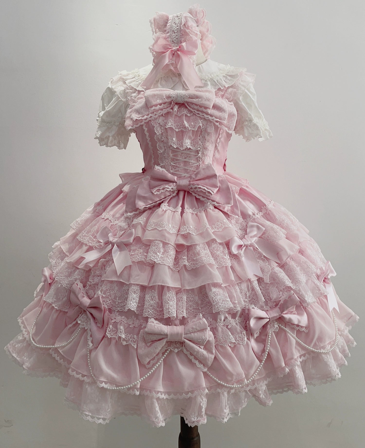 Cocoa Sweetheart - Love Descends - Wedding Lolita Jumper Dress, White Blouse One Size Pink JSK