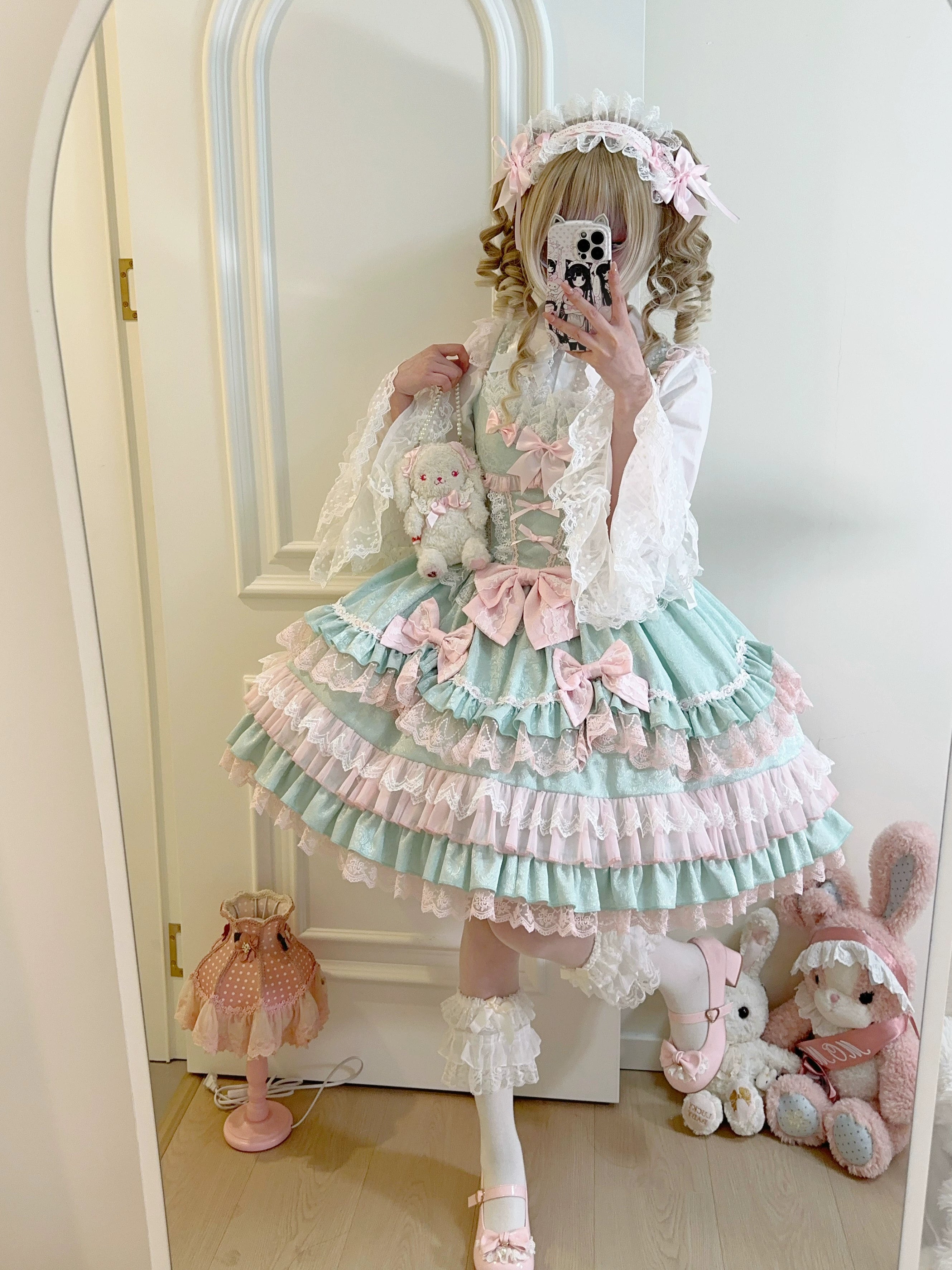 Sugar Girl - Flower Ode - Doll-like Sweet Lolita Jumper Dress Green JSK + Headband S