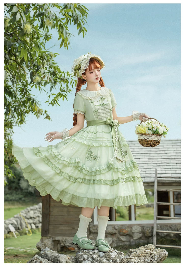 Green Grape - Embroidered Country Lolita OP Dress, Tiered JSK
