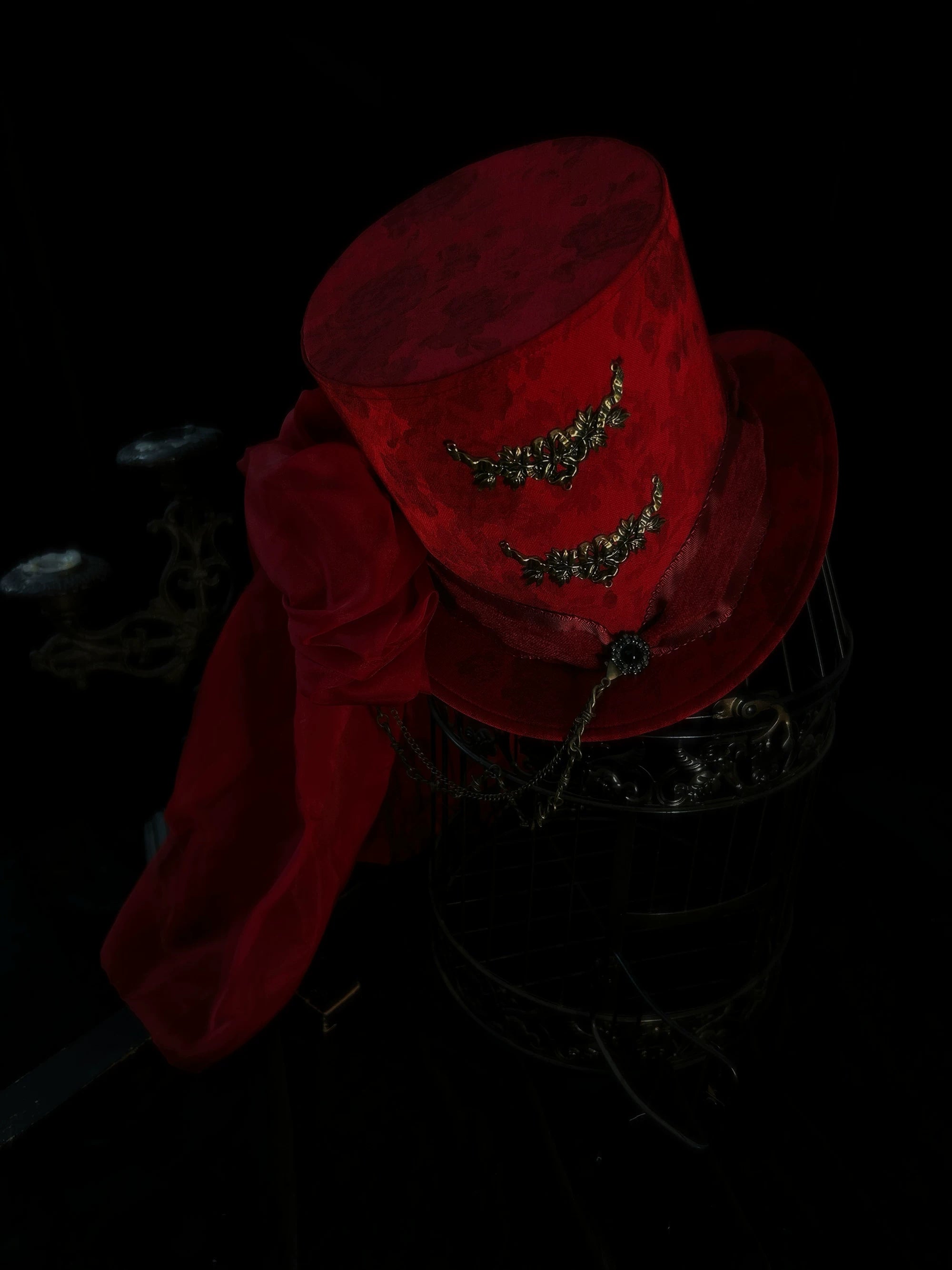 Genesis and Armageddon - Gothic Lolita Accessory, Skeleton Hand Decoration Red - Tall Top Hat One Size