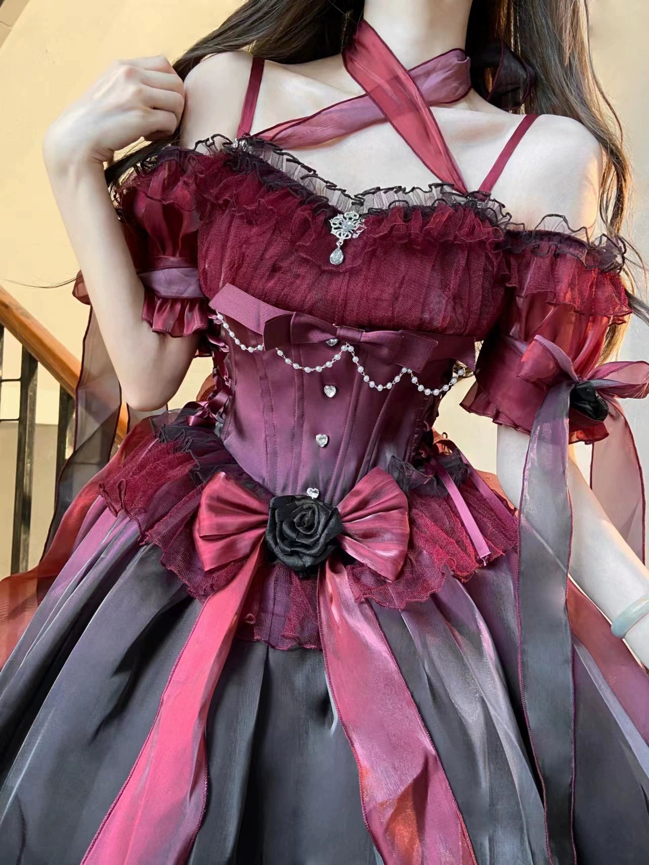 Meowing and fruity - Elegant Lolita Gorgeous Trailing With Large Hem & Shoulder Strap Black and Red - Shoulder Straps/Pair (without halterneck tie) One Size