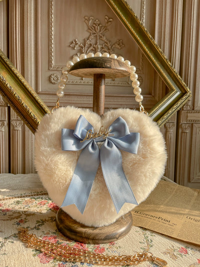 MAID~Kawaii Lolita Heart Bag Plush Pearl Chain Handbag   