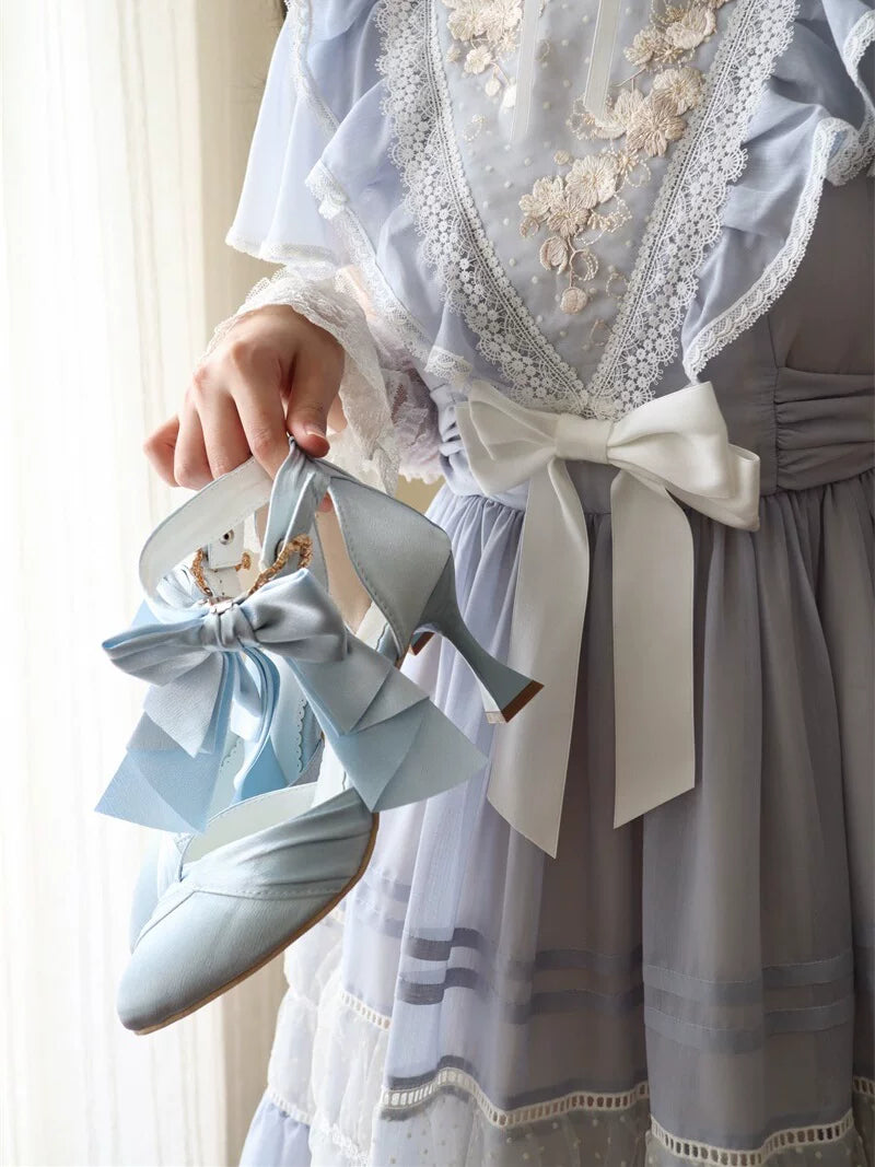 Coronation - Classic Lolita Wine Glass Shaped Heels Shoes, Detachable Bow Light Blue 34