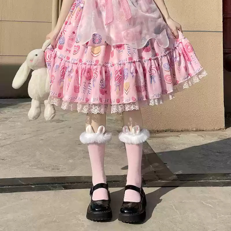 Hua Nai Cat - Winter Lolita Socks Cute Plush Lace Calf Socks Light pink - straight tube socks (about 30cm) One Size