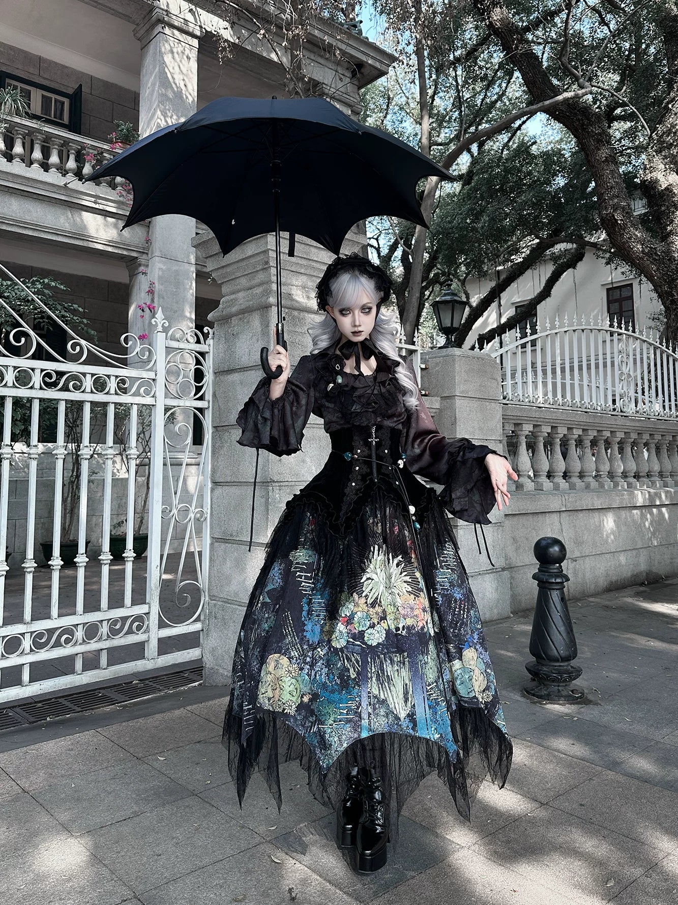 Bone Garden - Printed Gothic Lolita Skirt, Boning Corset