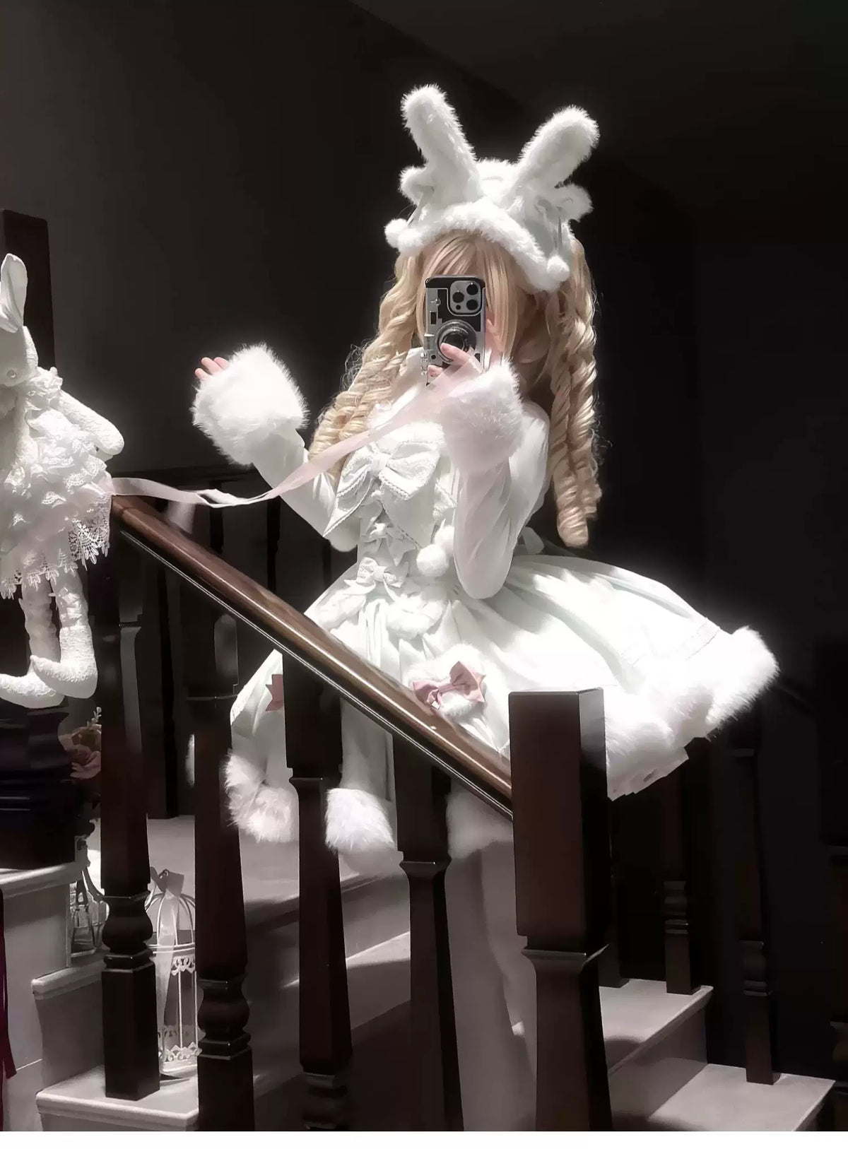 Sweet Dream Bunny - Sweet Lolita Cape & JSK Dress Set, Faux Fur Bunny Ear 46120:875798
