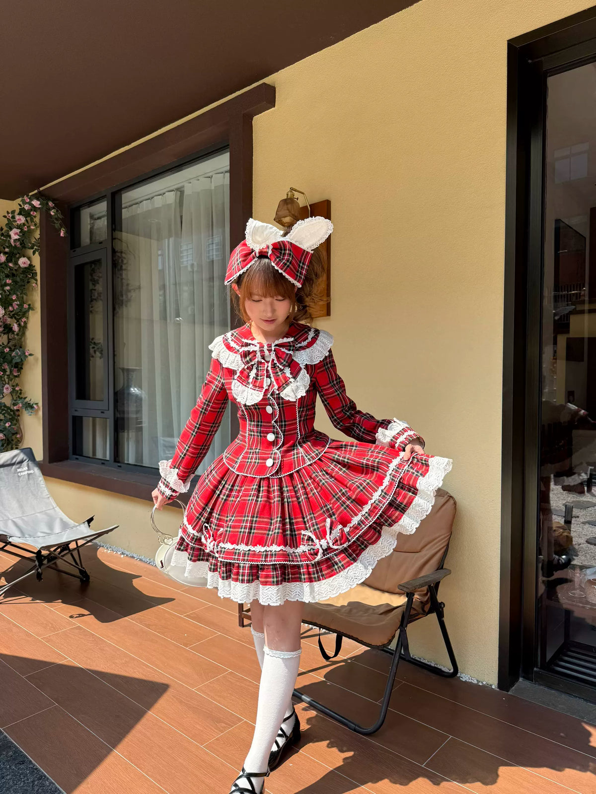 Christmas Knot - Christmas Old School Lolita Jacket & Skirt Set, Red Plaid 46051:873276