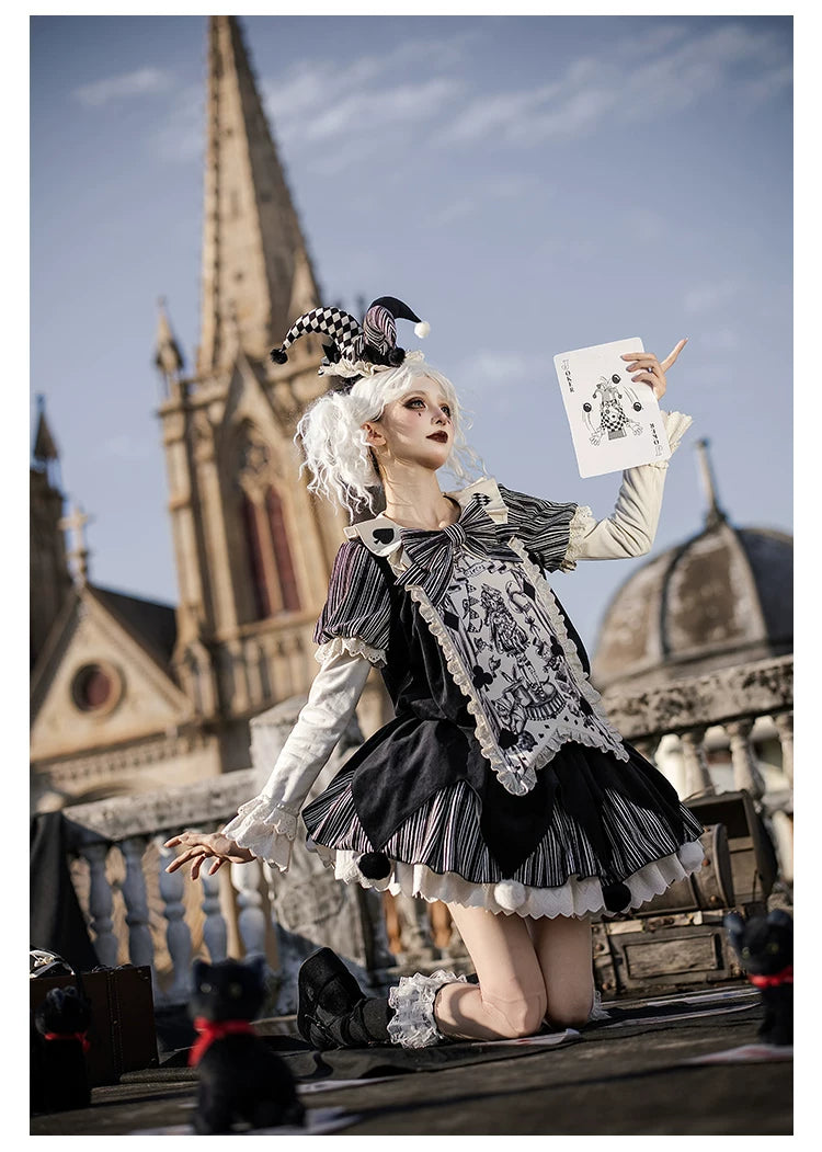 Puppet Mask - Clown Inspired Gothic Lolita OP Dress, Loose Fit 44409:807134